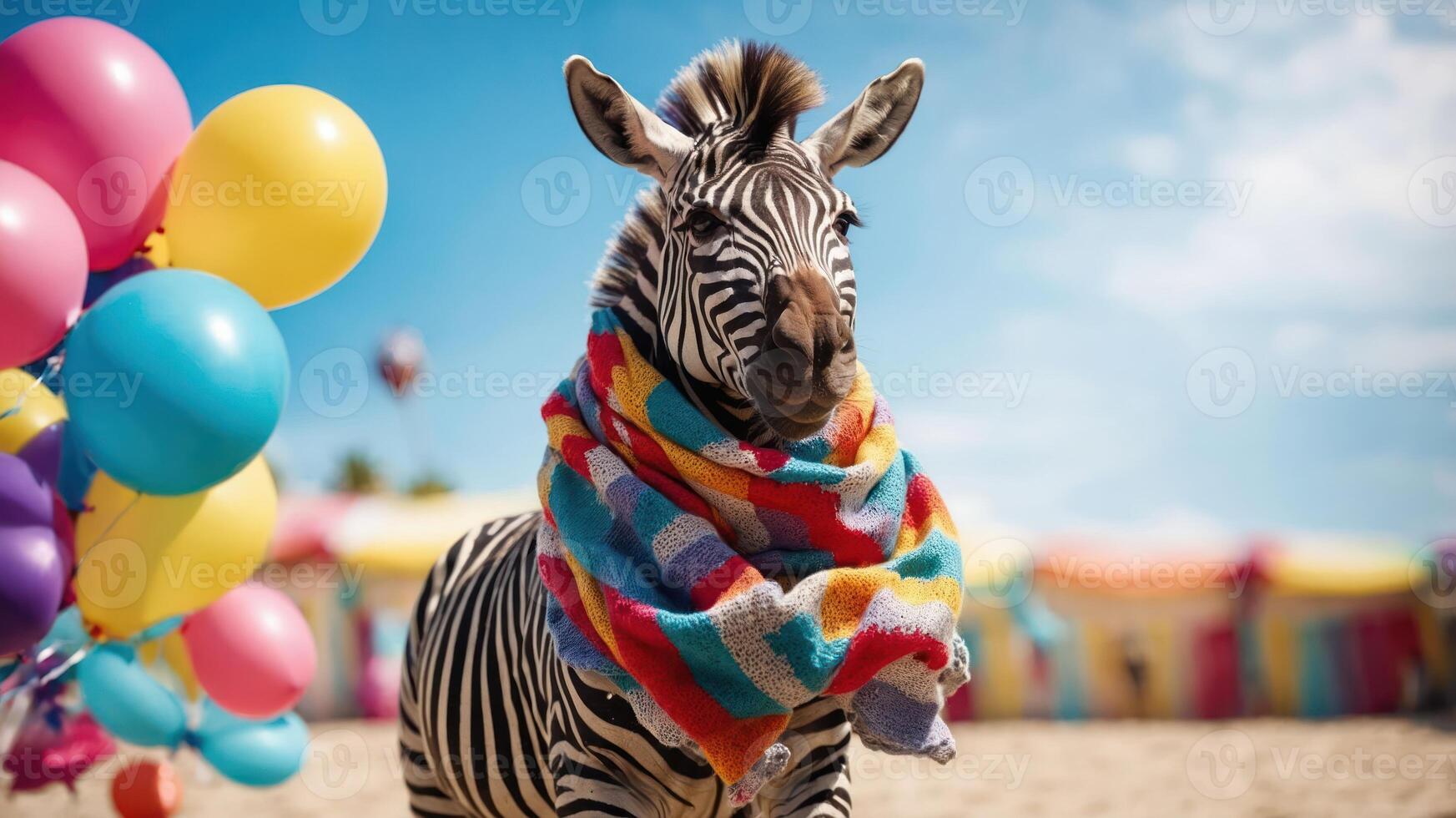 A zebra wearing a colorful scarf stands on a beach with balloons in the background. photo