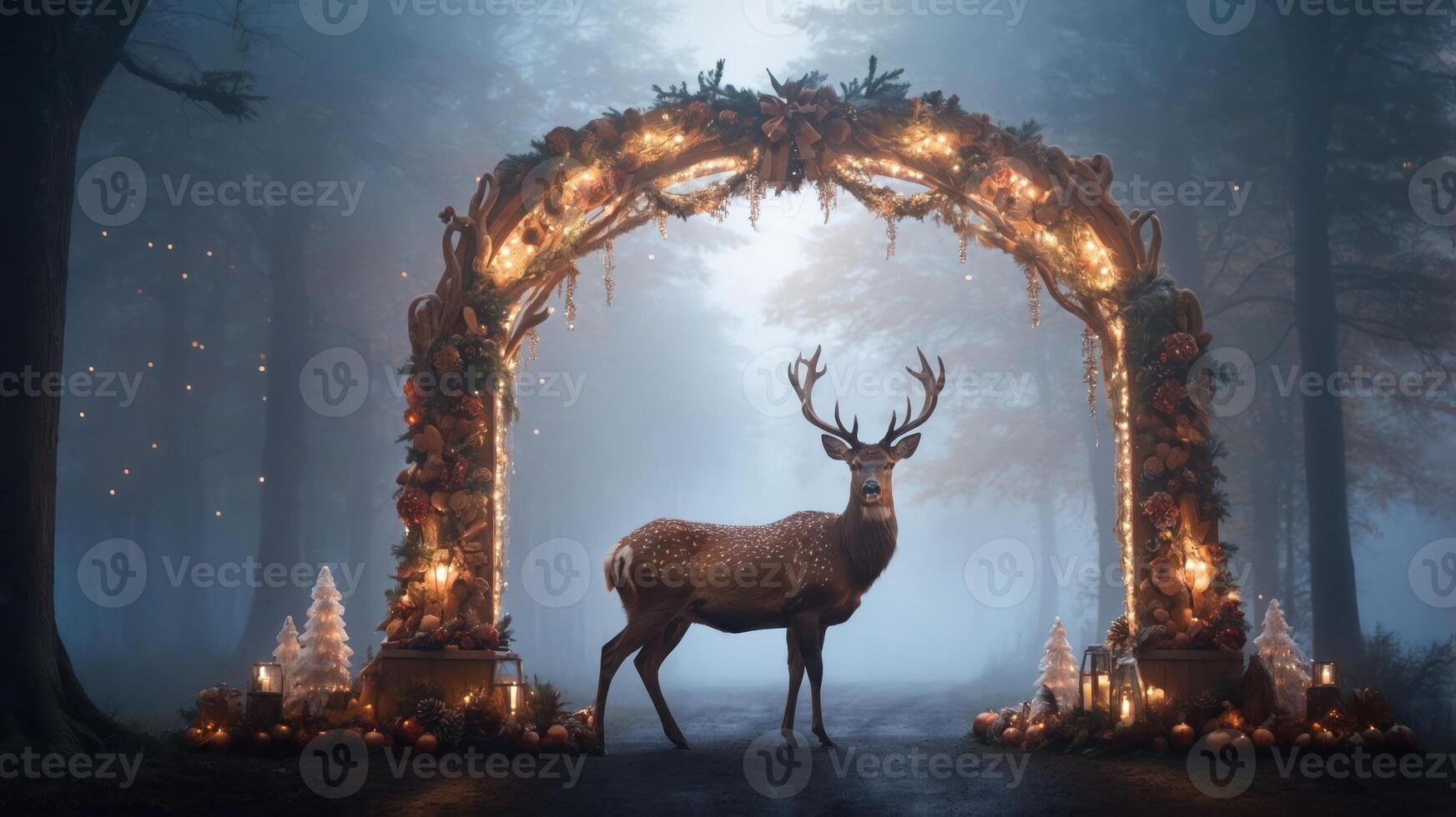A serene forest scene featuring a decorated archway and a deer amidst a misty backdrop. photo