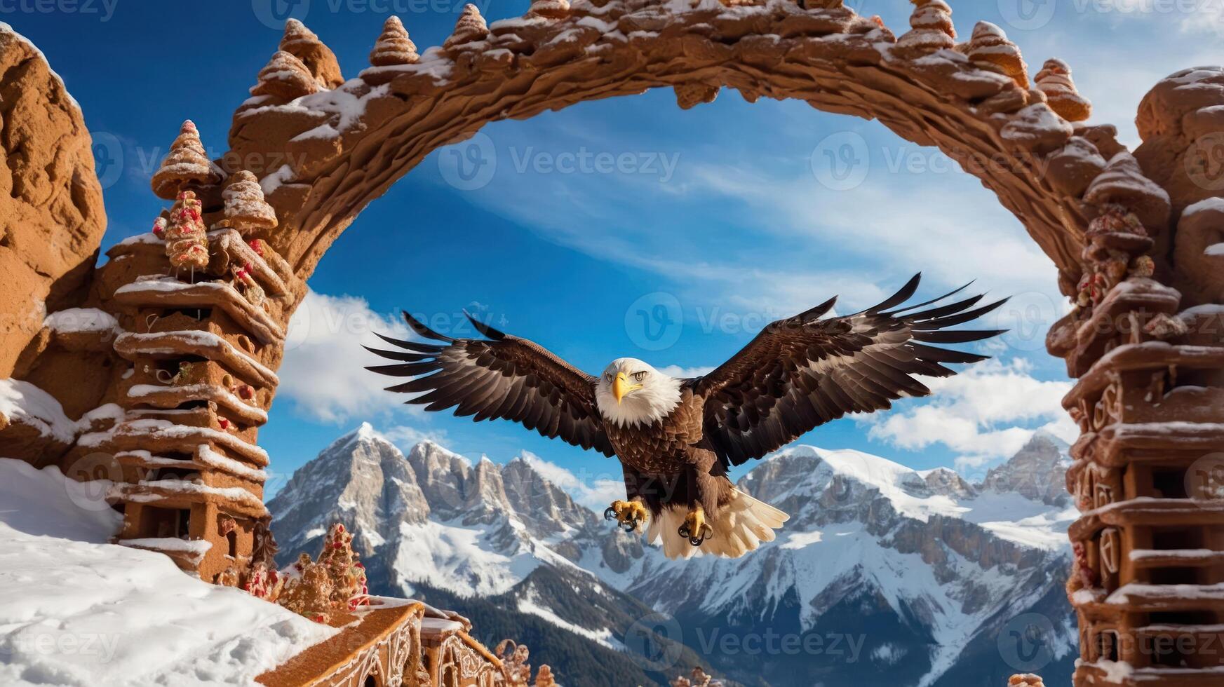 A majestic eagle soars through an ornate archway amidst a snowy mountain landscape. photo