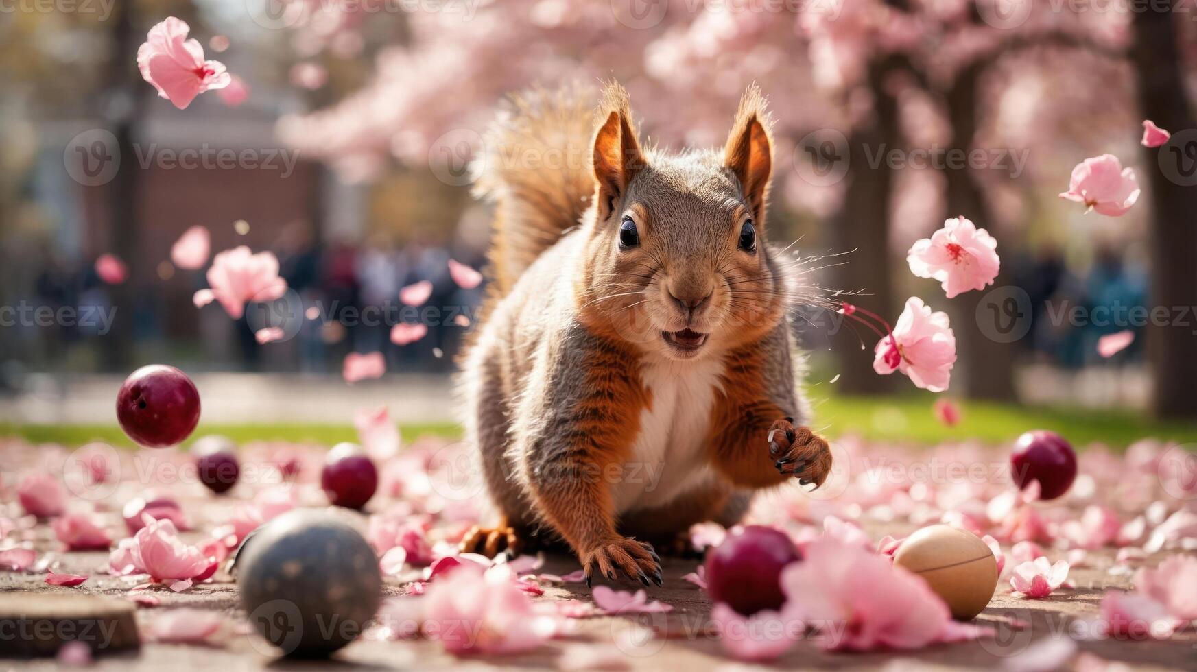 A playful squirrel amidst cherry blossoms and scattered fruits, capturing a vibrant spring scene. photo