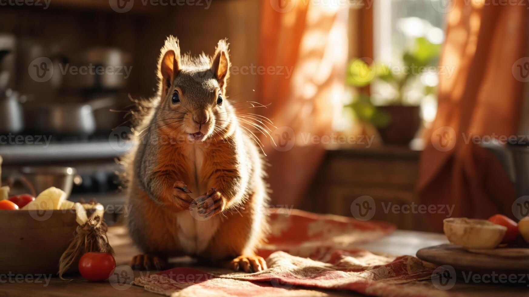 A squirrel stands on a kitchen table surrounded by fresh vegetables and warm lighting. photo