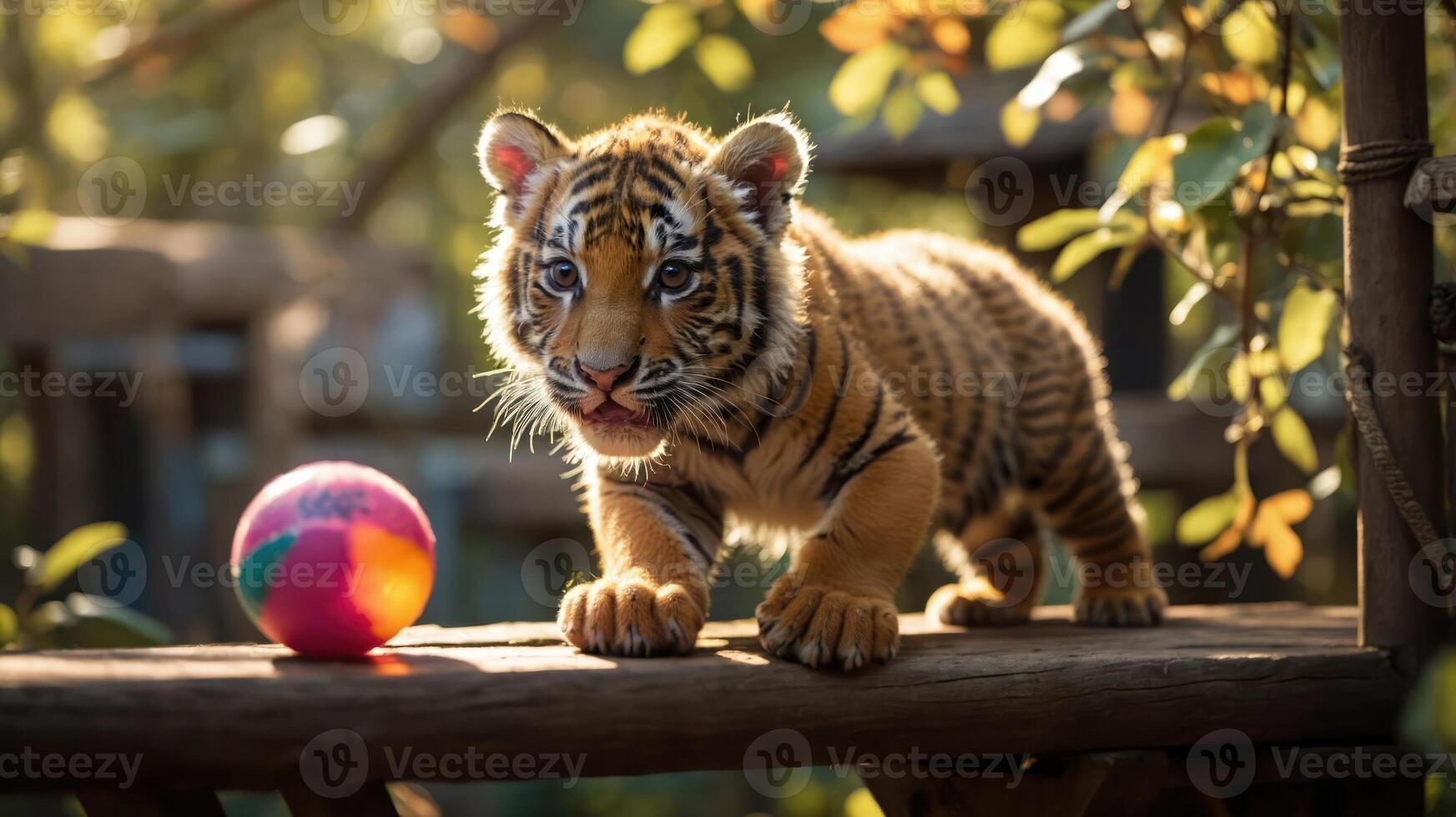 A playful tiger cub interacts with a colorful ball in a natural setting. photo