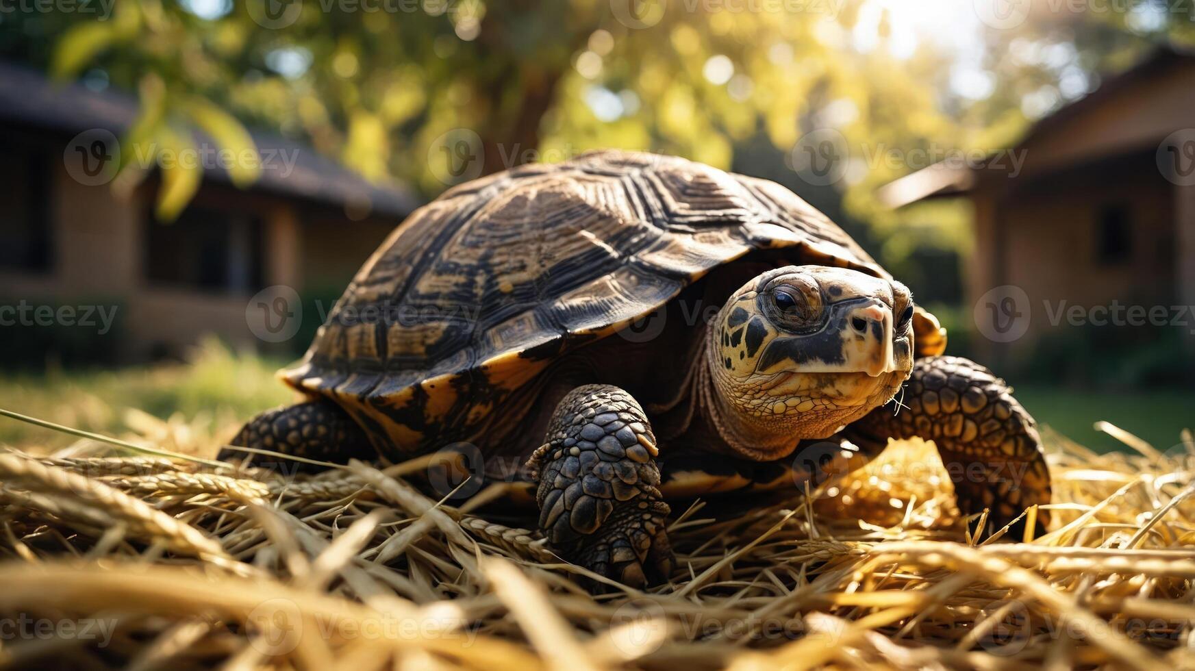 A close-up of a turtle resting on straw in a sunny outdoor setting. photo