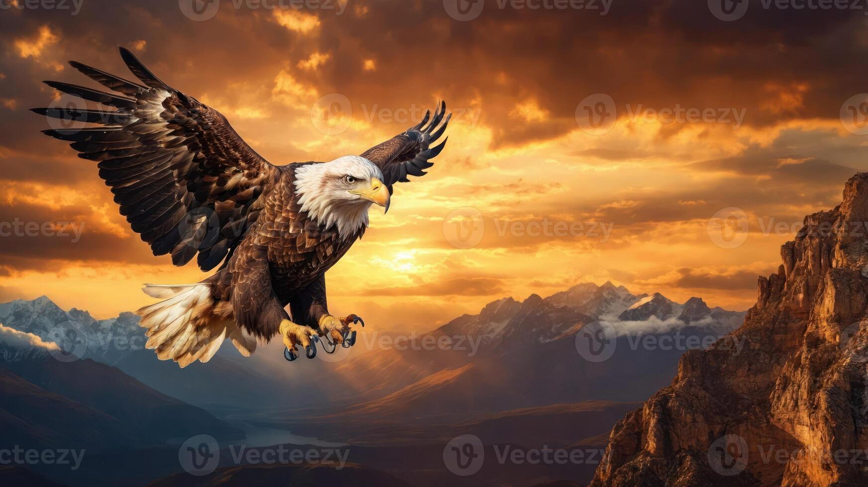 A majestic eagle soaring against a dramatic sunset backdrop over mountains. photo