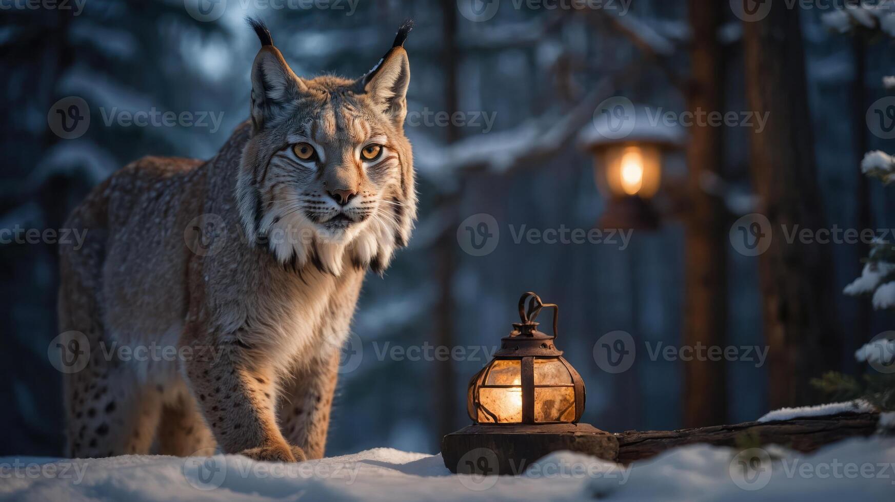 A lynx stands in a snowy forest near a glowing lantern, creating a serene winter scene. photo