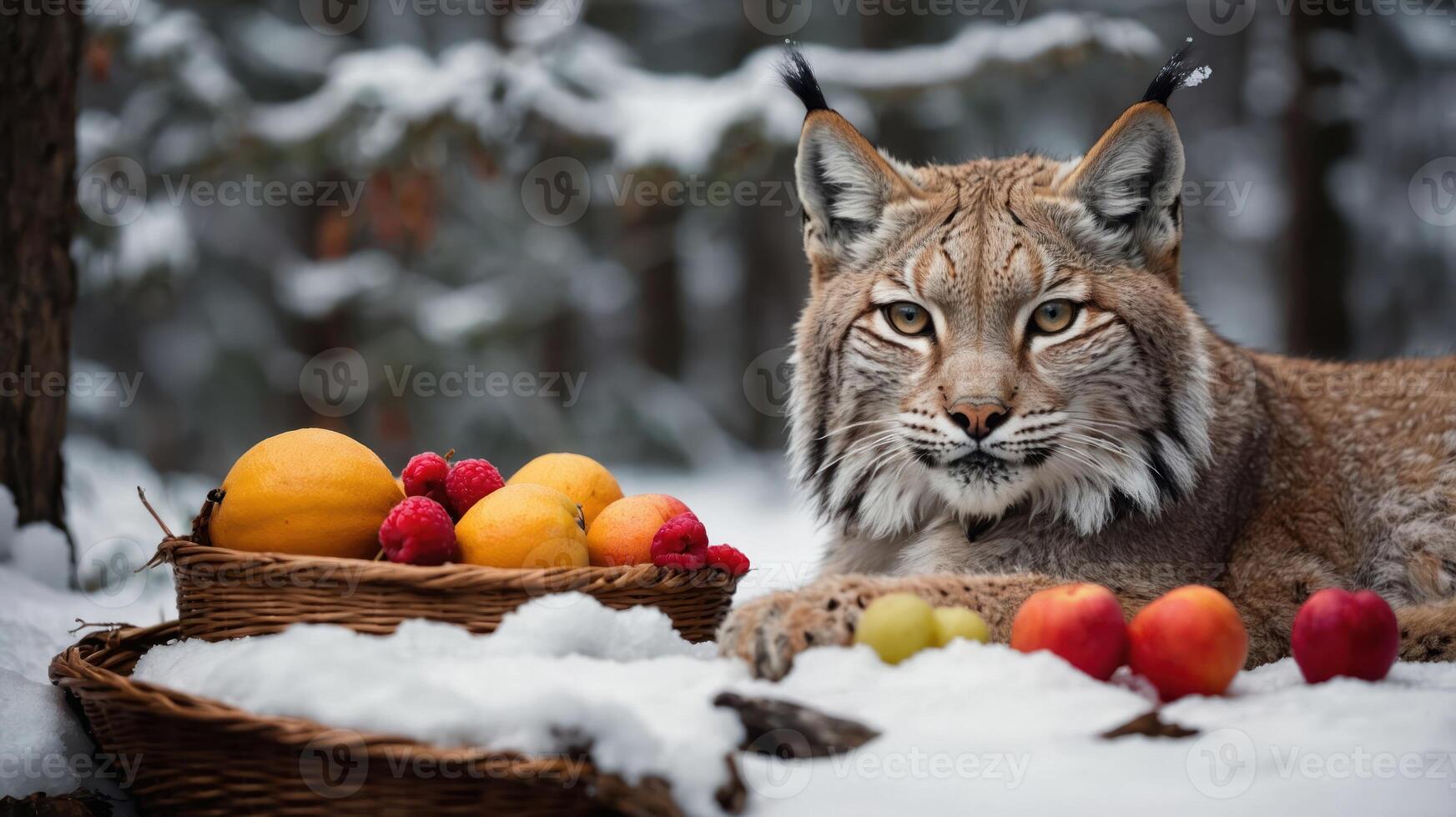 A lynx rests in a snowy forest beside a basket of colorful fruits. photo