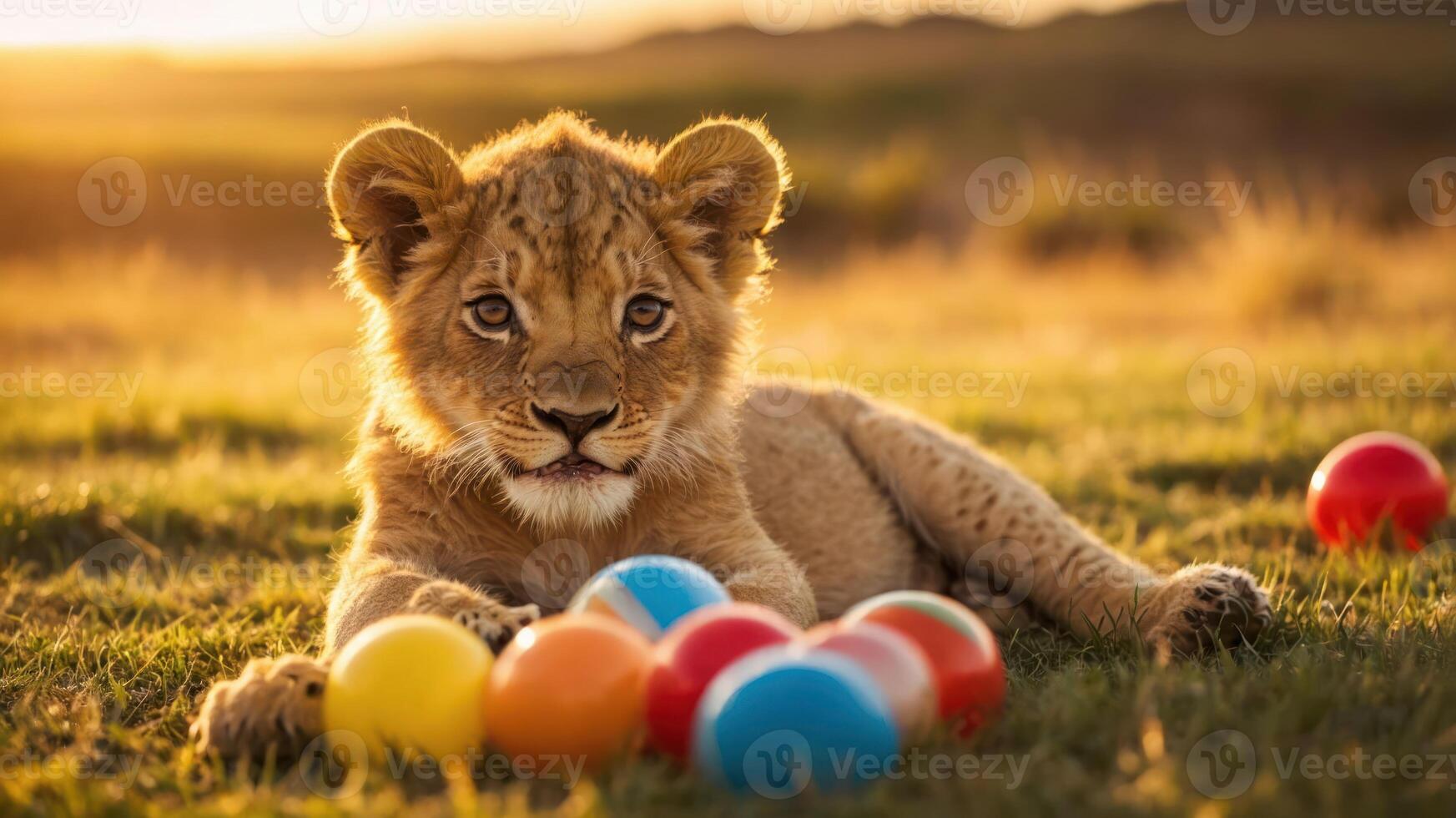 A playful lion cub surrounded by colorful balls in a sunlit grassy landscape. photo