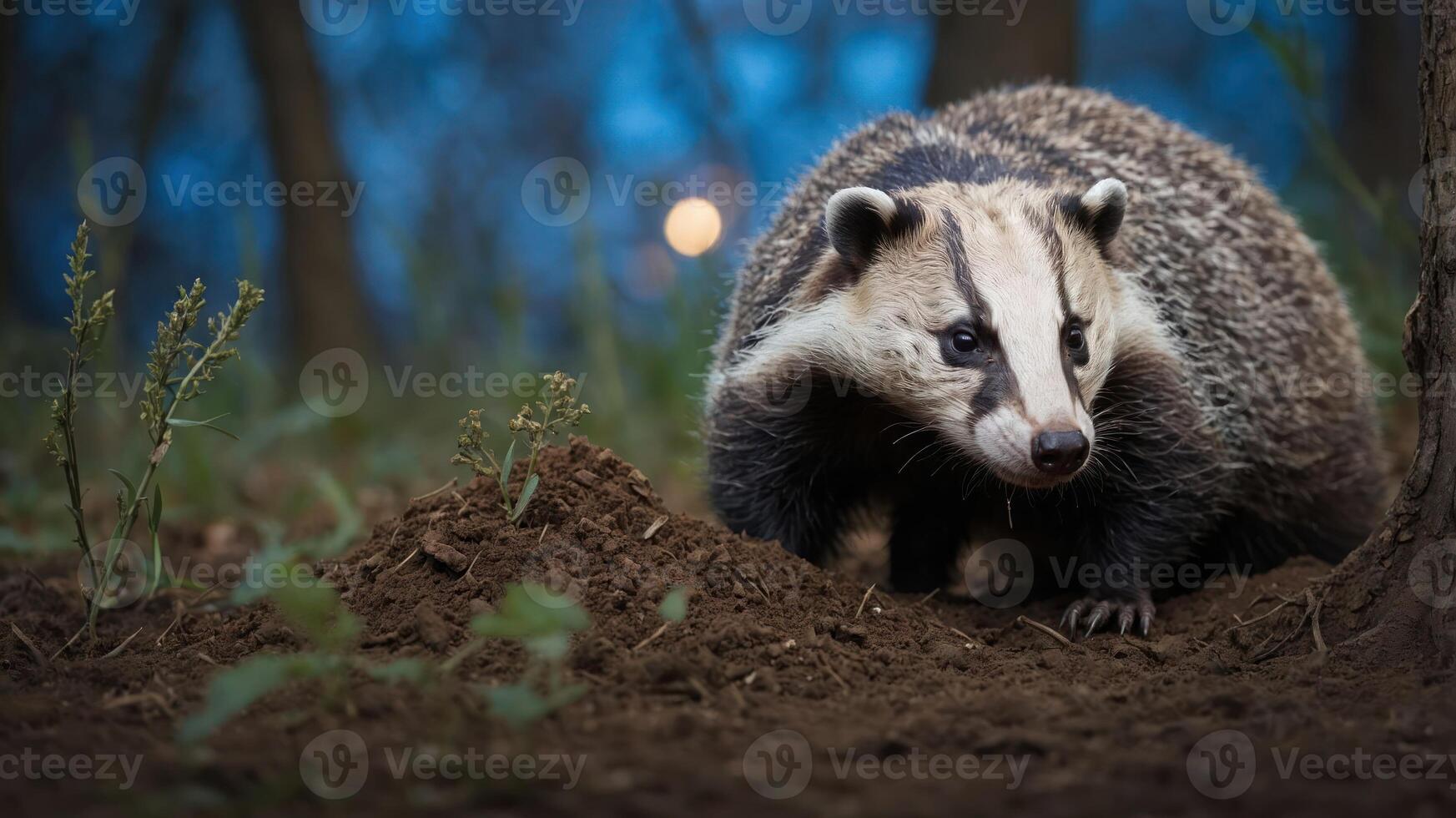 A badger foraging in a forest at dusk, highlighting wildlife in its natural habitat. photo