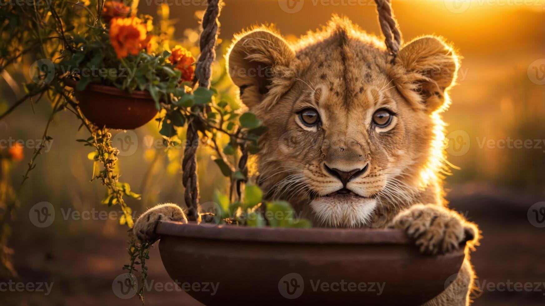 A playful lion cub peeks from a hanging flower pot during sunset, showcasing nature's beauty. photo