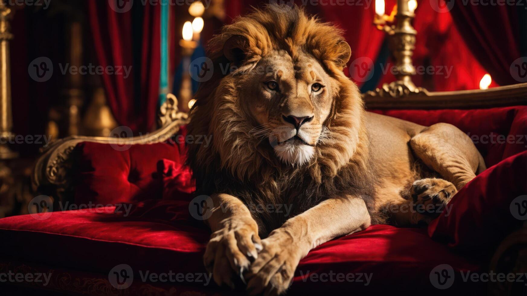 A majestic lion lounging on a luxurious red sofa in an opulent setting. photo