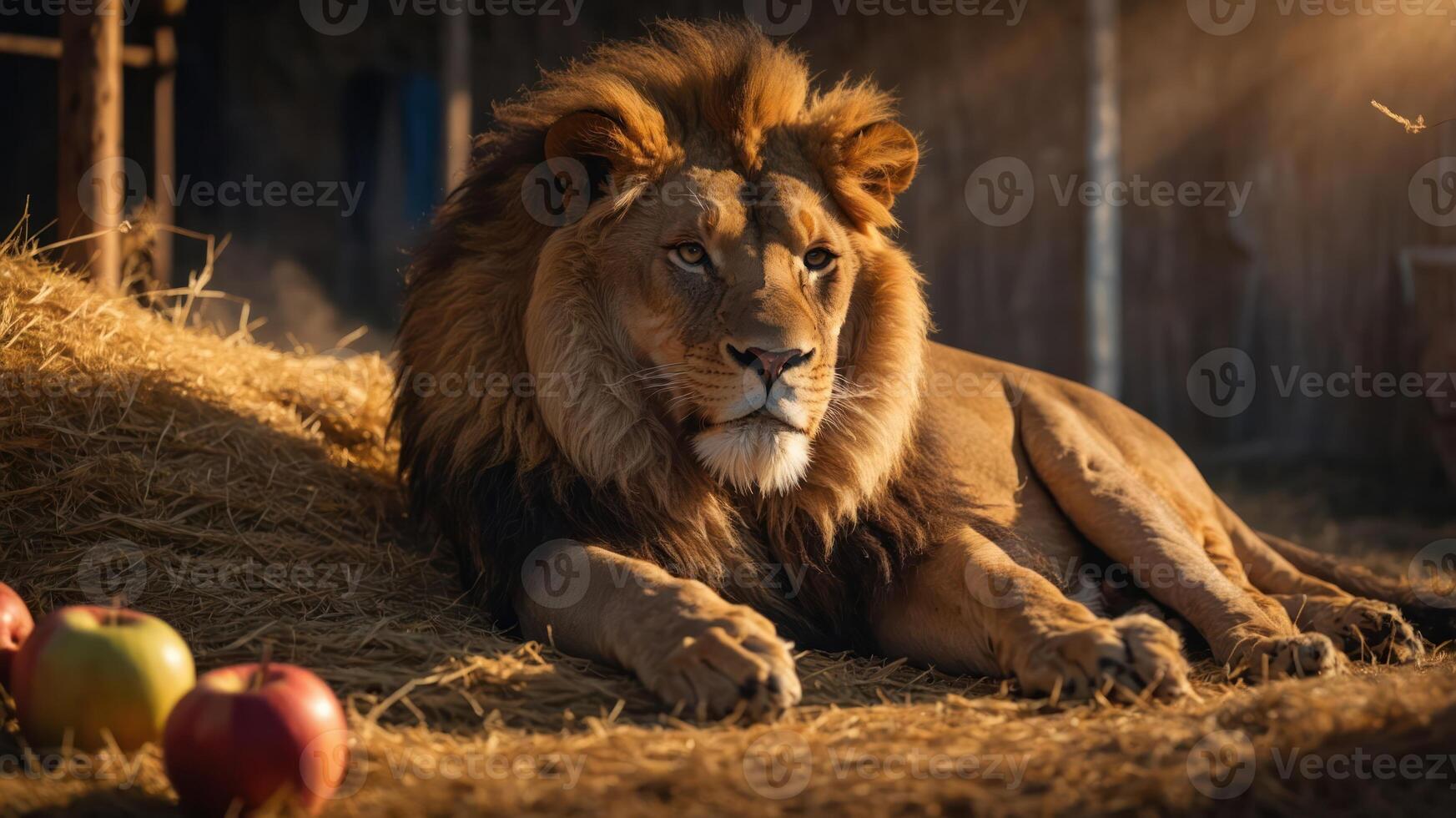 A majestic lion resting on hay, surrounded by apples, in a warm, natural setting. photo
