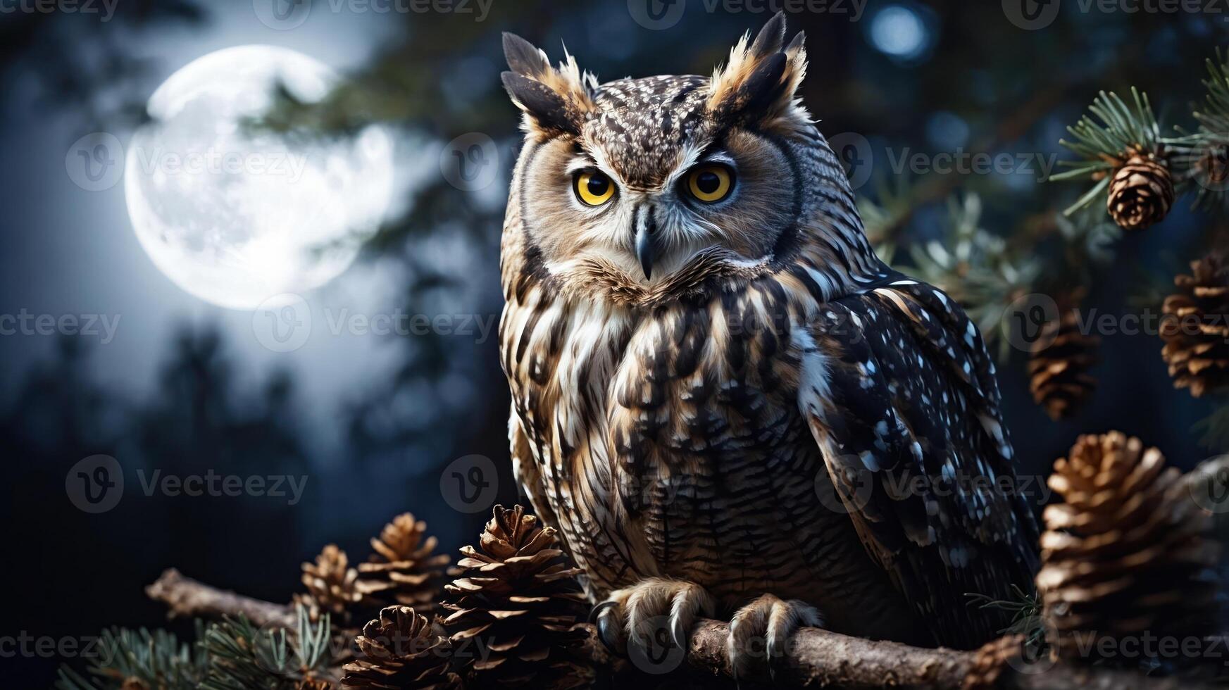 A majestic owl perched on a branch under a full moon, surrounded by pine cones and trees. photo