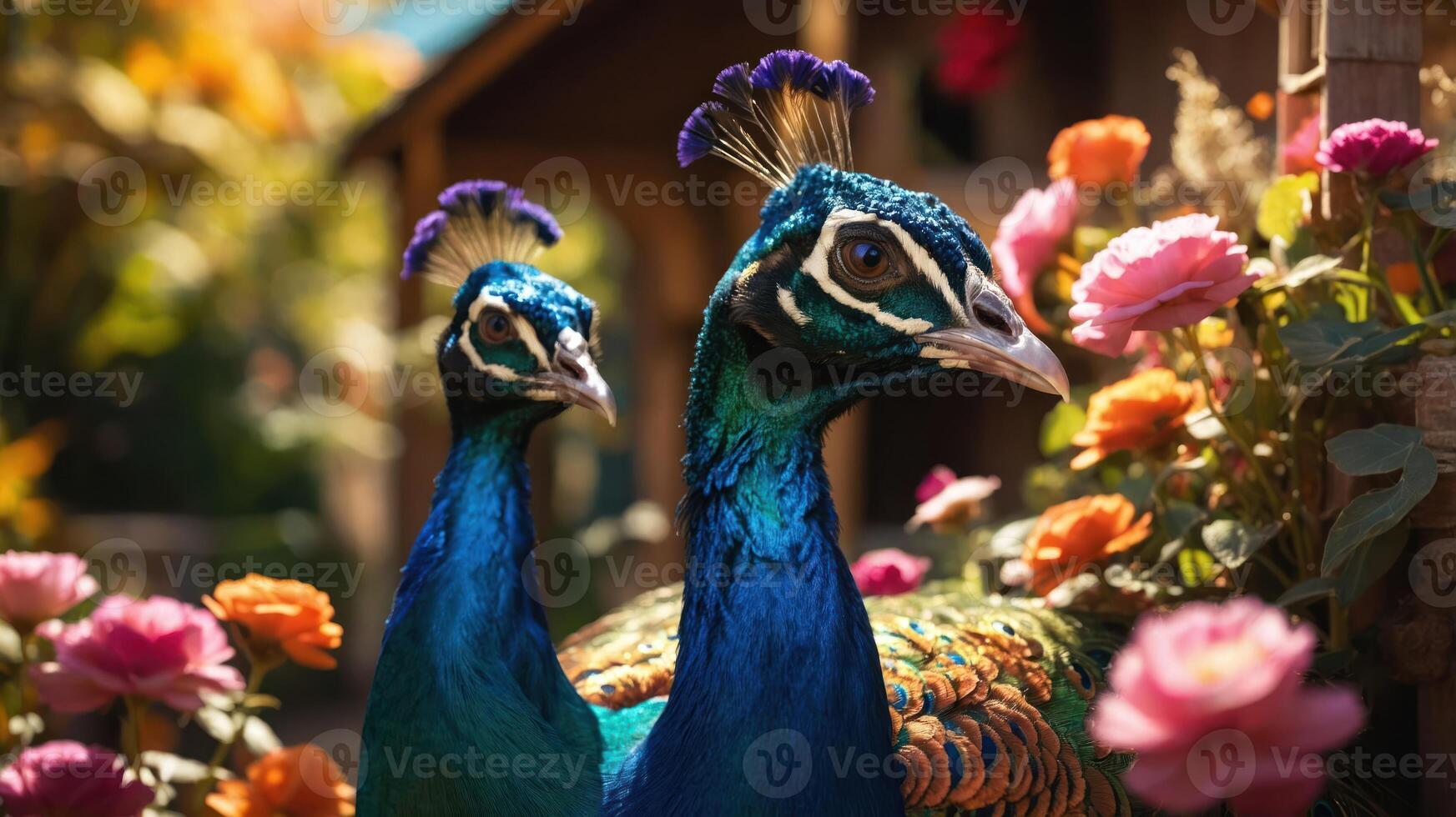 Two vibrant peacocks amidst colorful flowers in a serene garden setting. photo