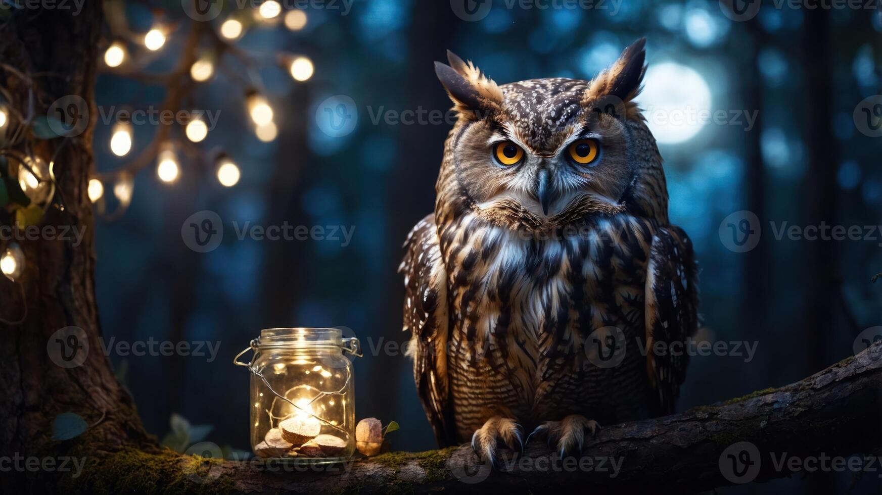 An owl perched on a tree with a glowing jar, creating a magical nighttime atmosphere. photo