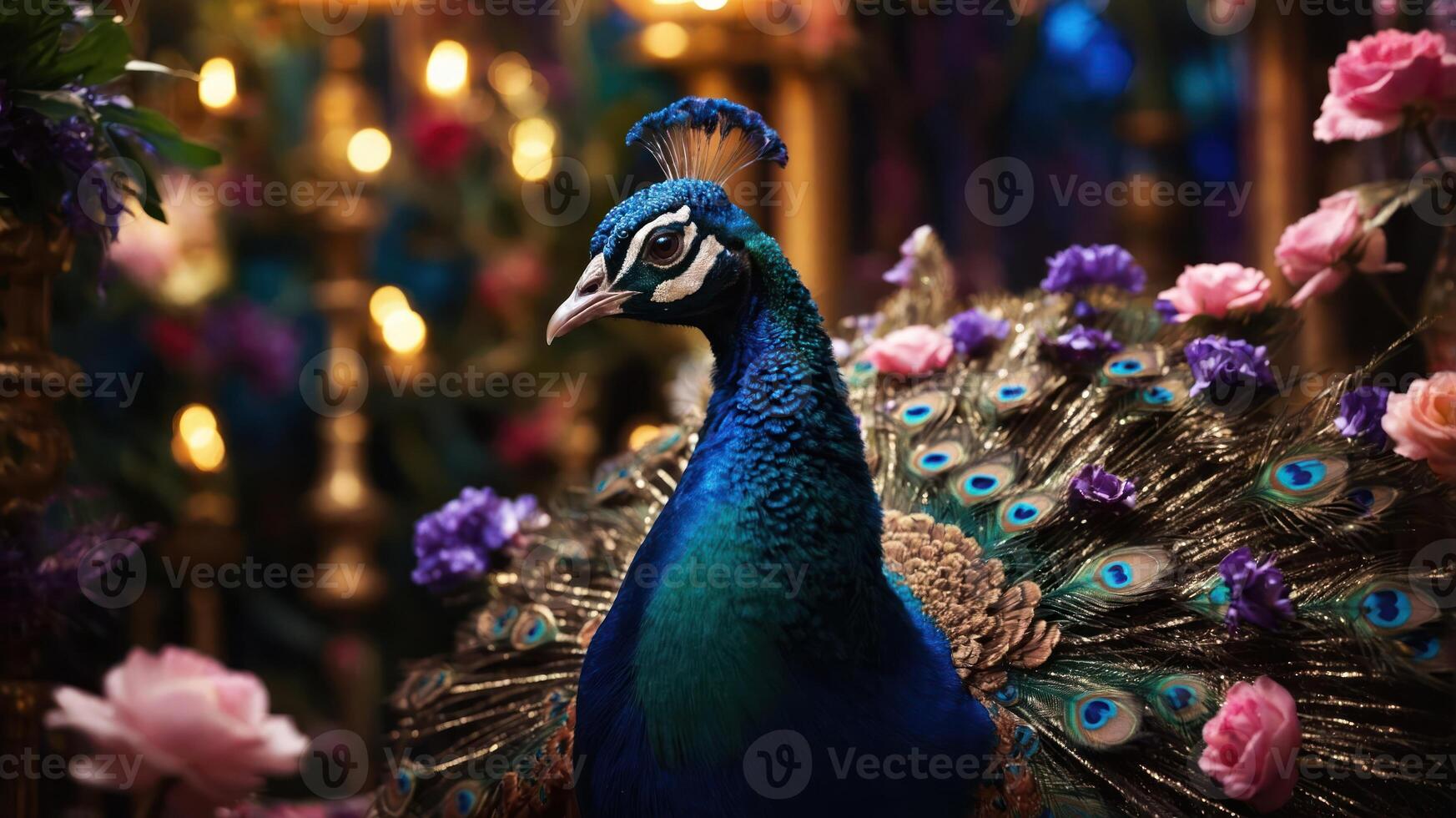 A vibrant peacock displays its colorful feathers amidst a floral and ornate background. photo
