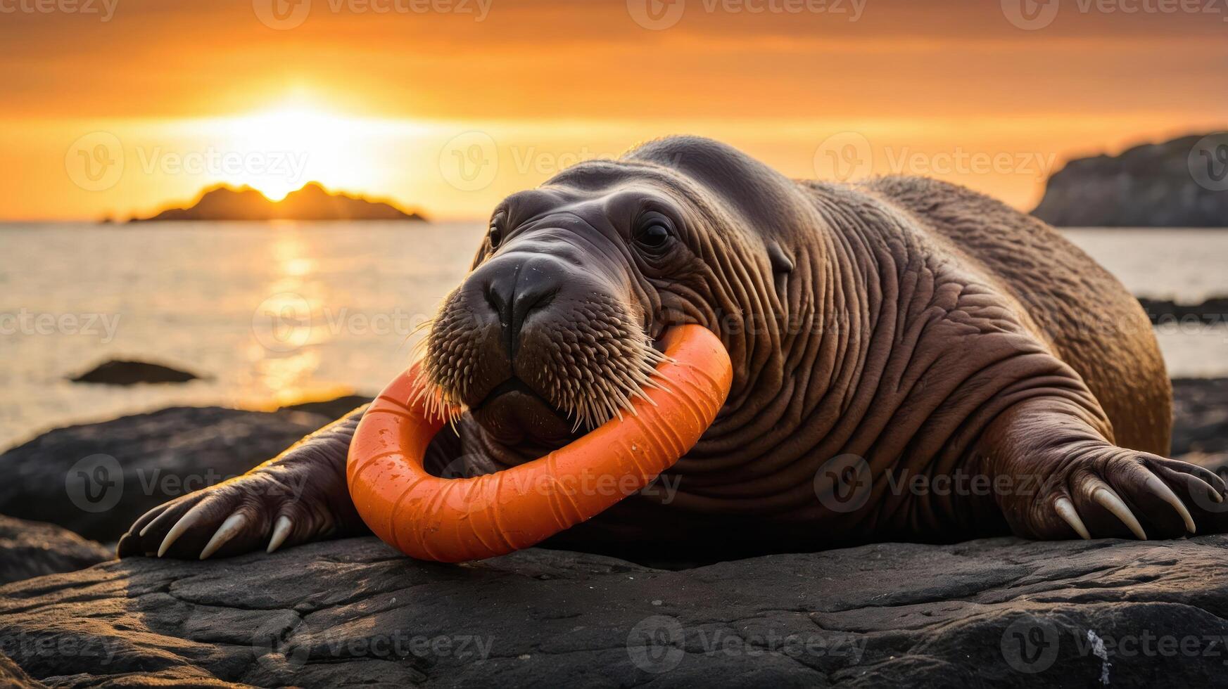 A walrus lounging on rocks at sunset, playfully holding an orange life ring. photo
