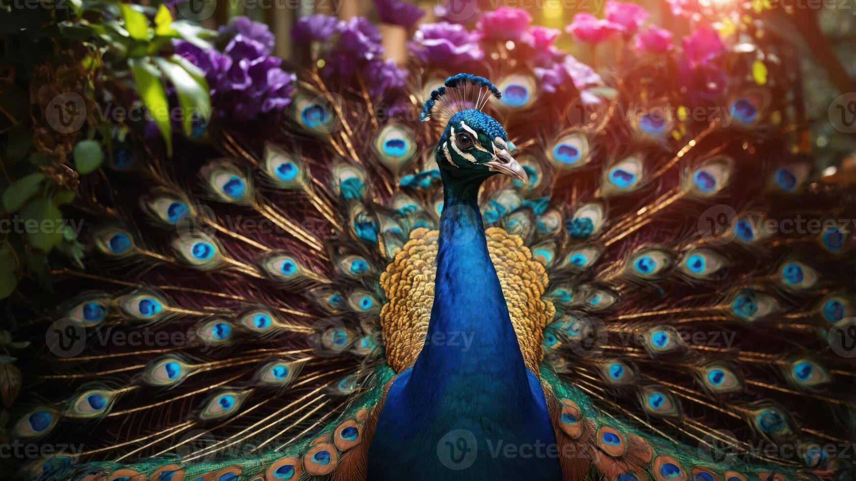 A vibrant peacock displaying its colorful feathers amidst blooming flowers. photo