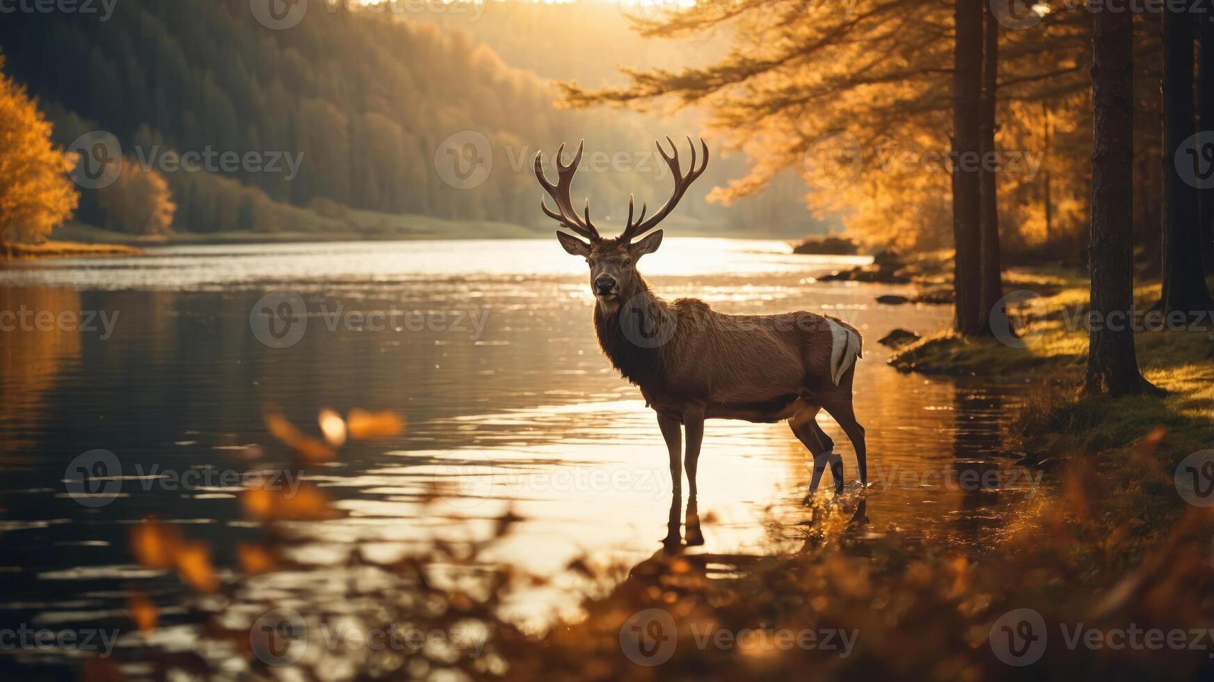 A majestic deer stands by a serene lake during autumn, surrounded by colorful foliage. photo
