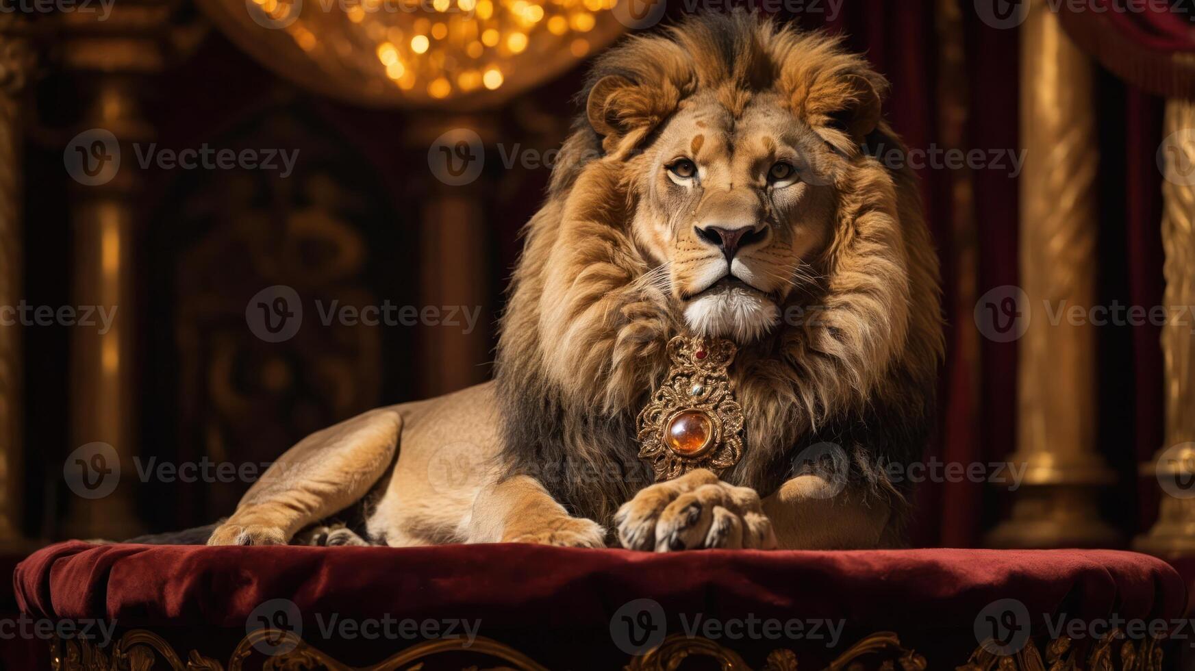 A majestic lion adorned with a regal necklace, resting on a plush surface in an opulent setting. photo