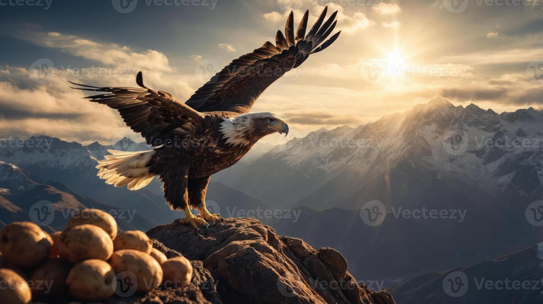 A majestic eagle spreads its wings atop a rocky ledge, overlooking mountains at sunset. photo