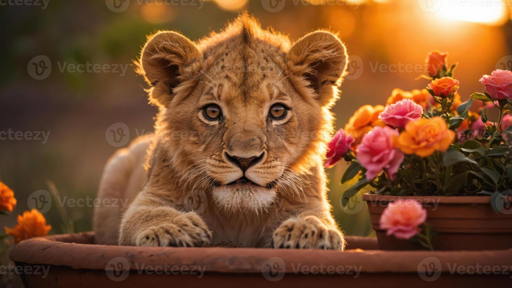 A young lion rests among colorful flowers at sunset, showcasing nature's beauty. photo