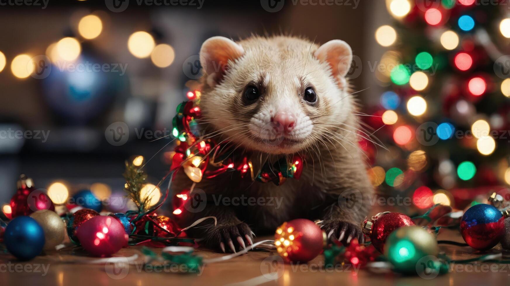 A festive ferret surrounded by colorful Christmas decorations and lights. photo