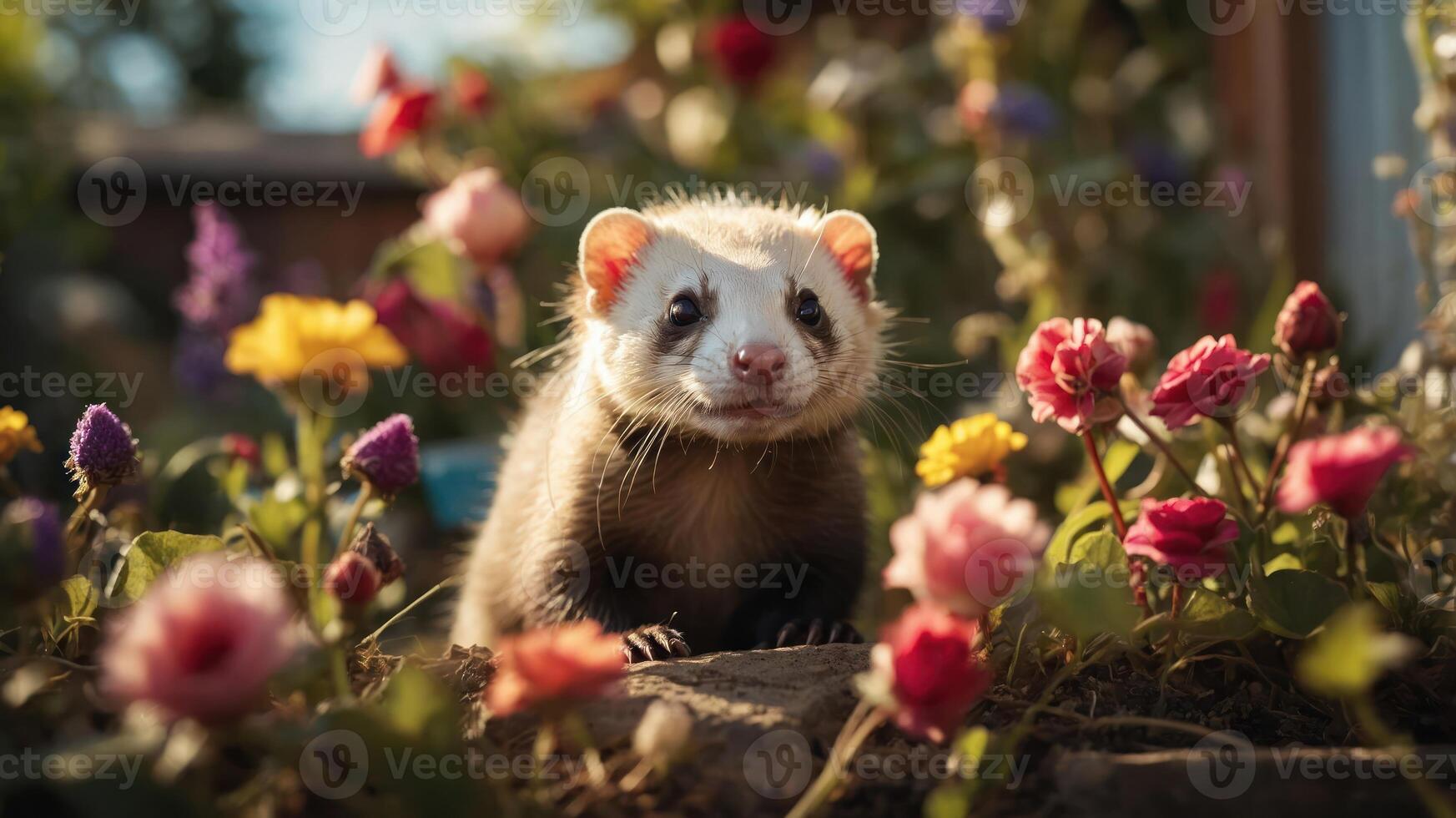 A ferret sitting among colorful flowers in a garden. photo