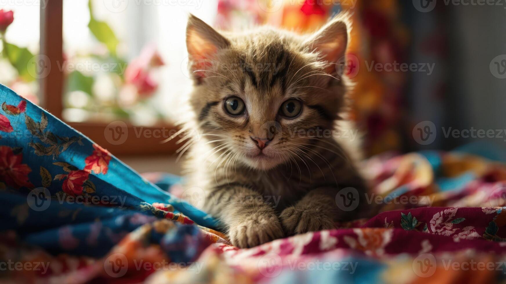 A cute kitten resting on a colorful fabric, gazing curiously at the viewer. photo