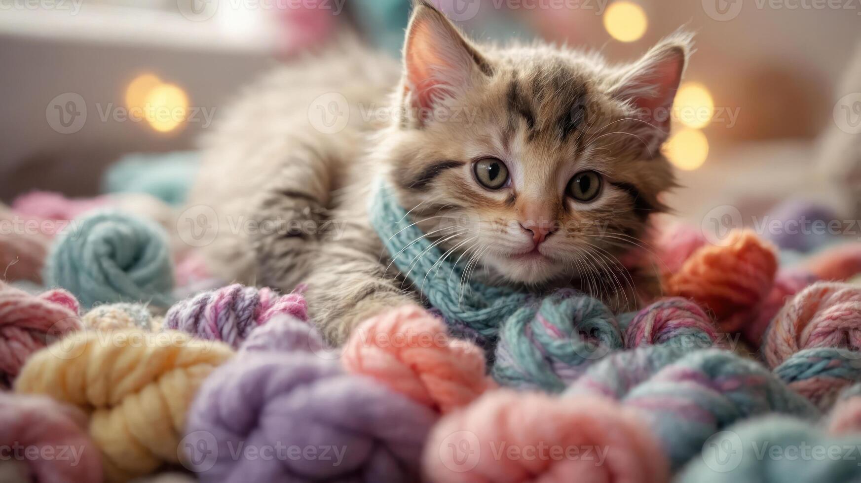 A cute kitten lounging among colorful yarn, evoking a cozy and playful atmosphere. photo