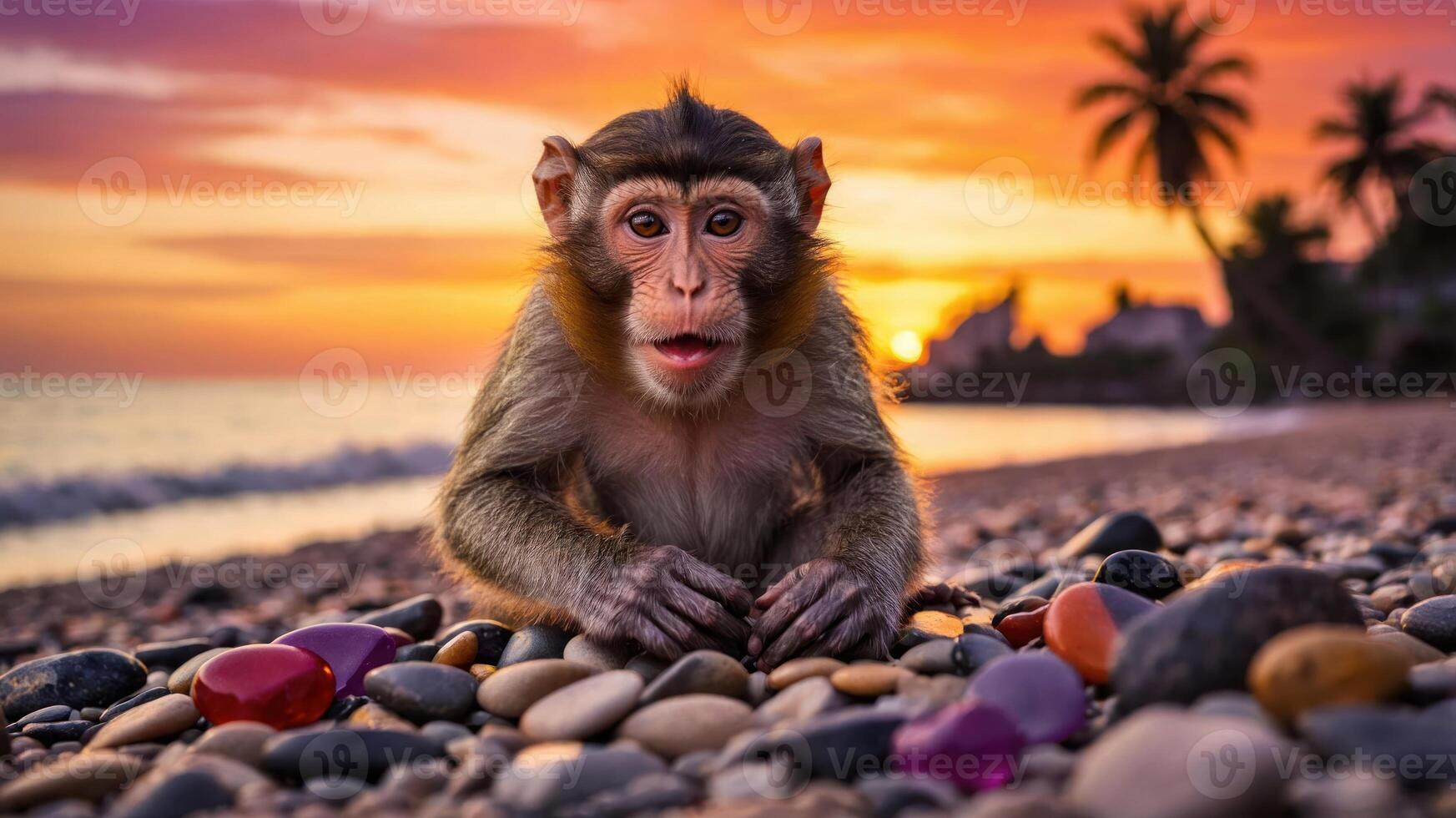 A monkey sits on a pebbled beach at sunset, surrounded by colorful stones. photo