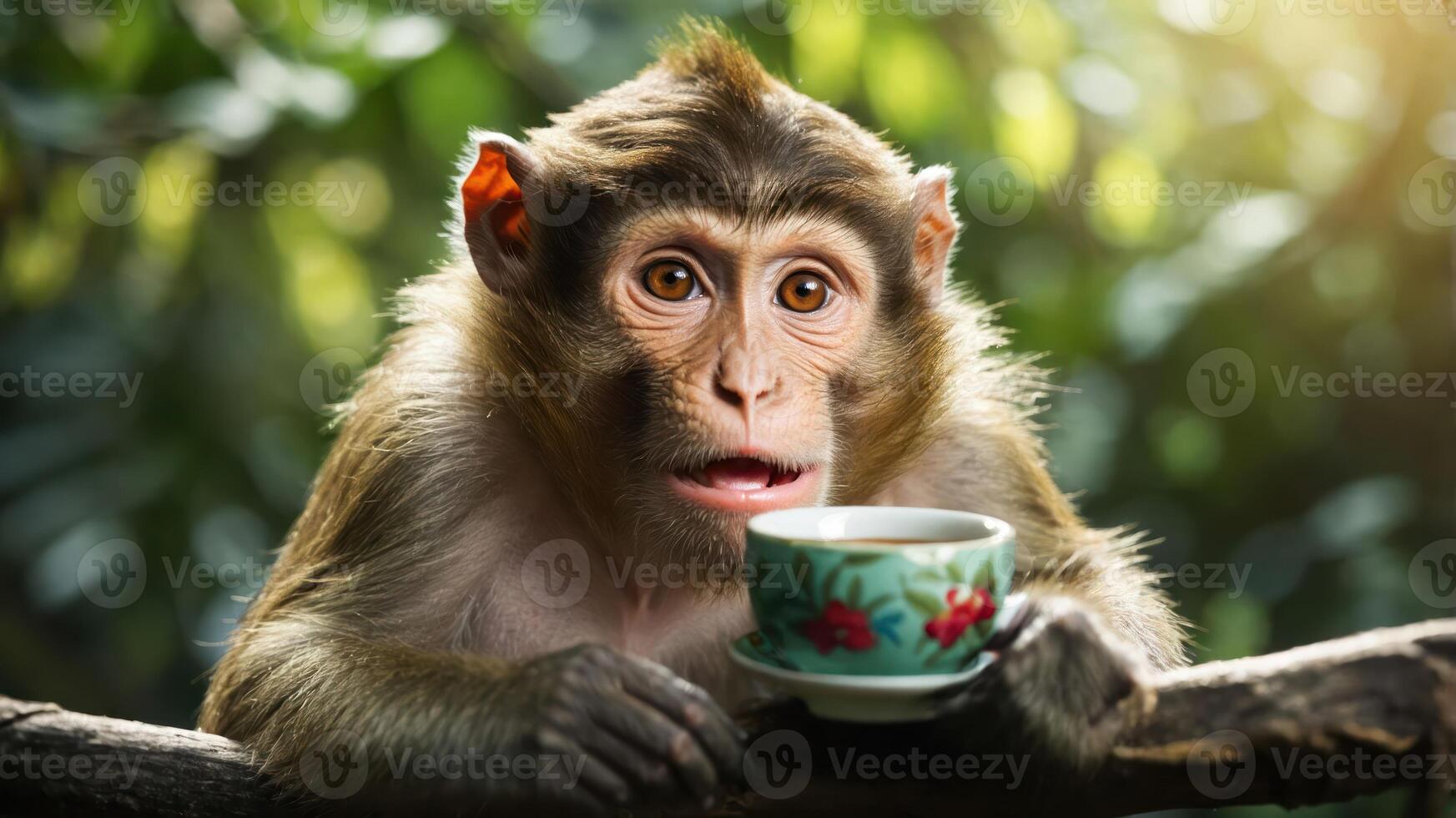 A monkey sipping from a small decorative cup in a lush green setting. photo