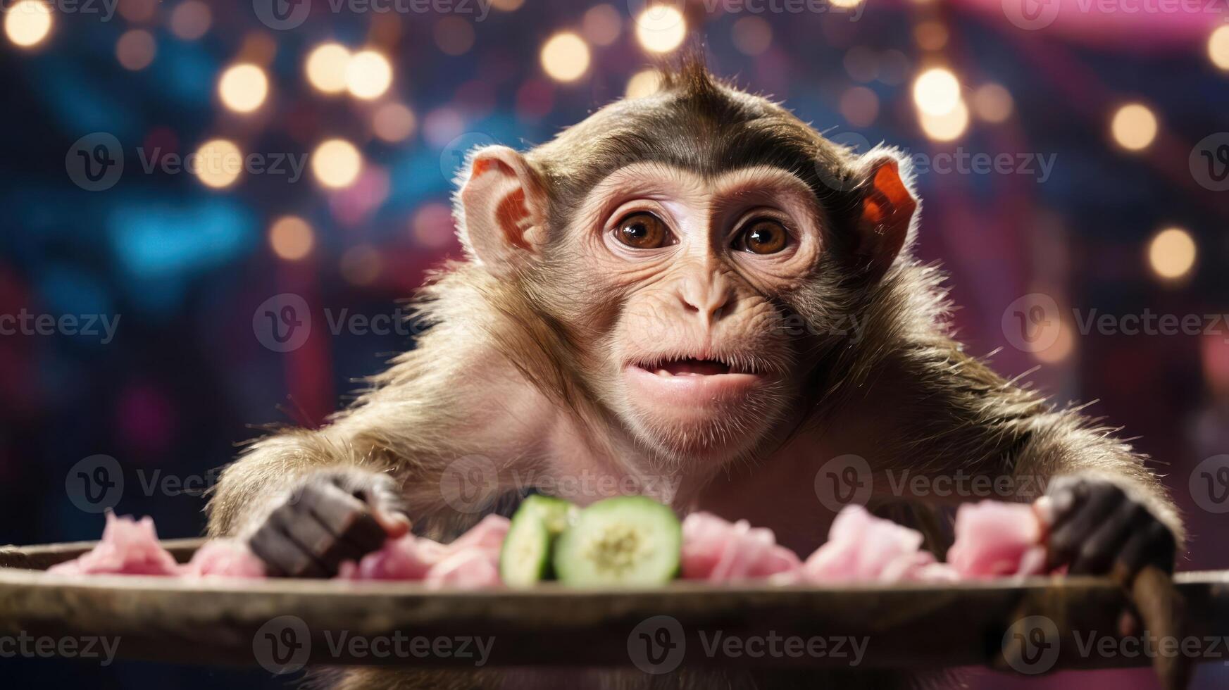 A curious monkey looks at a platter of watermelon and cucumber, set against a festive background. photo