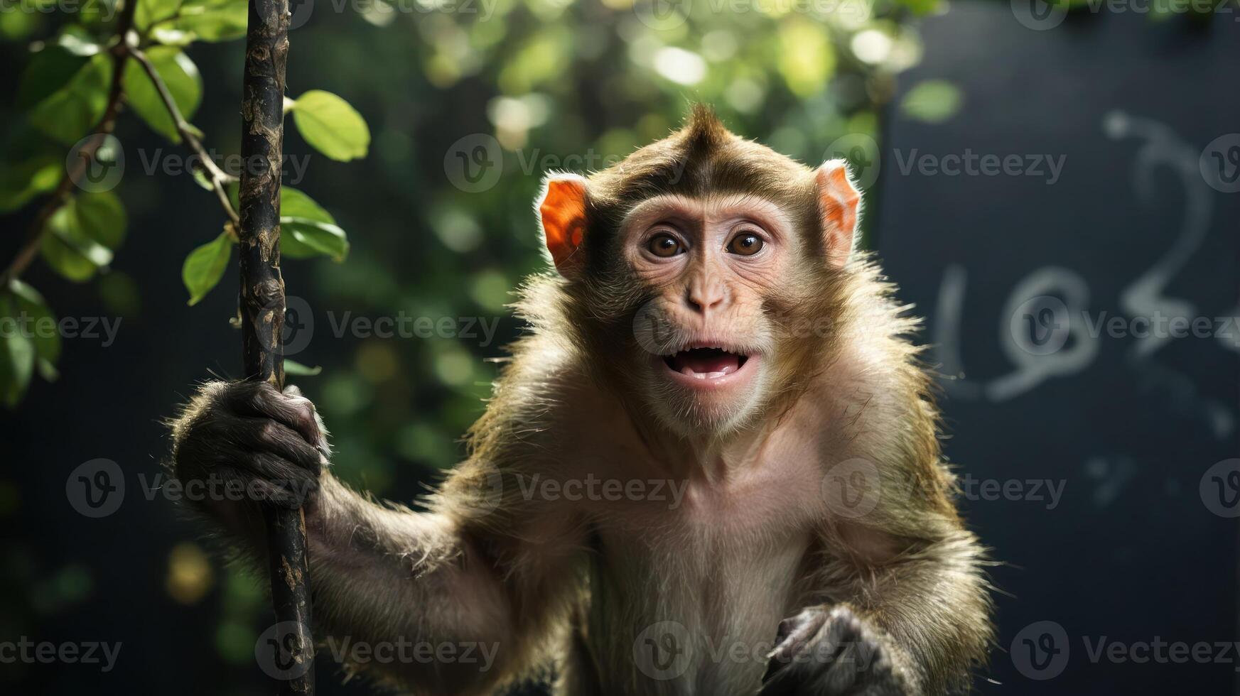 A curious monkey with a surprised expression, holding onto a branch in a lush environment. photo