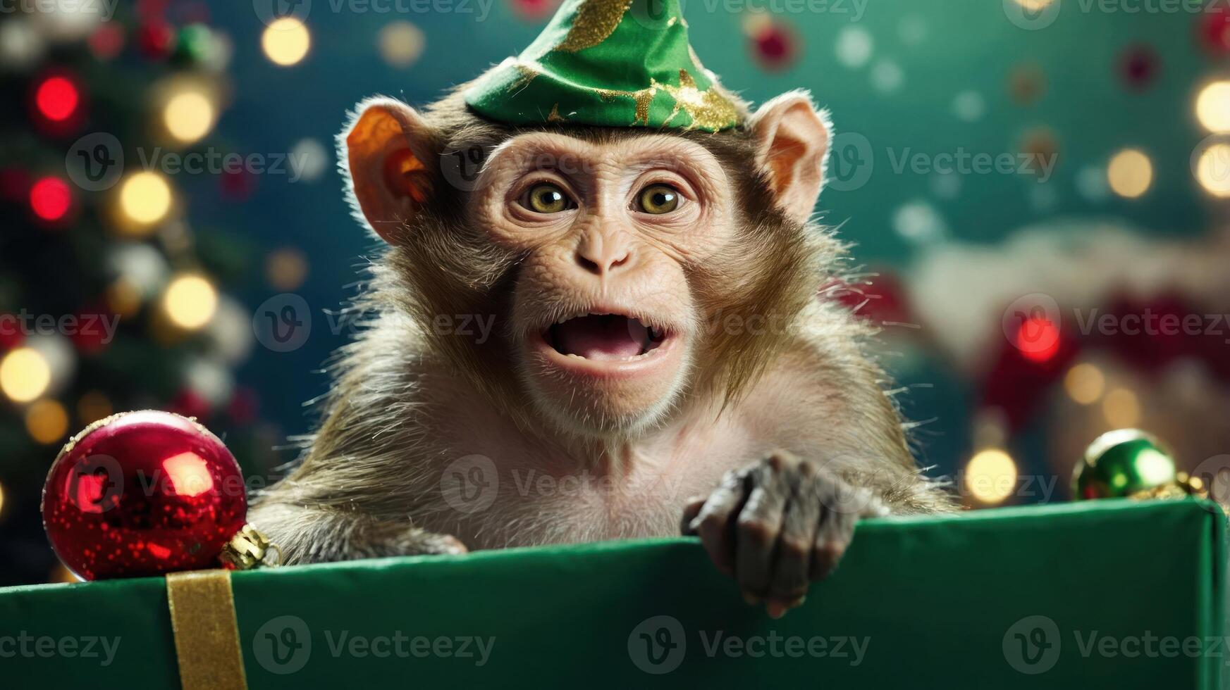 A festive monkey wearing a party hat, surrounded by Christmas decorations and gifts. photo
