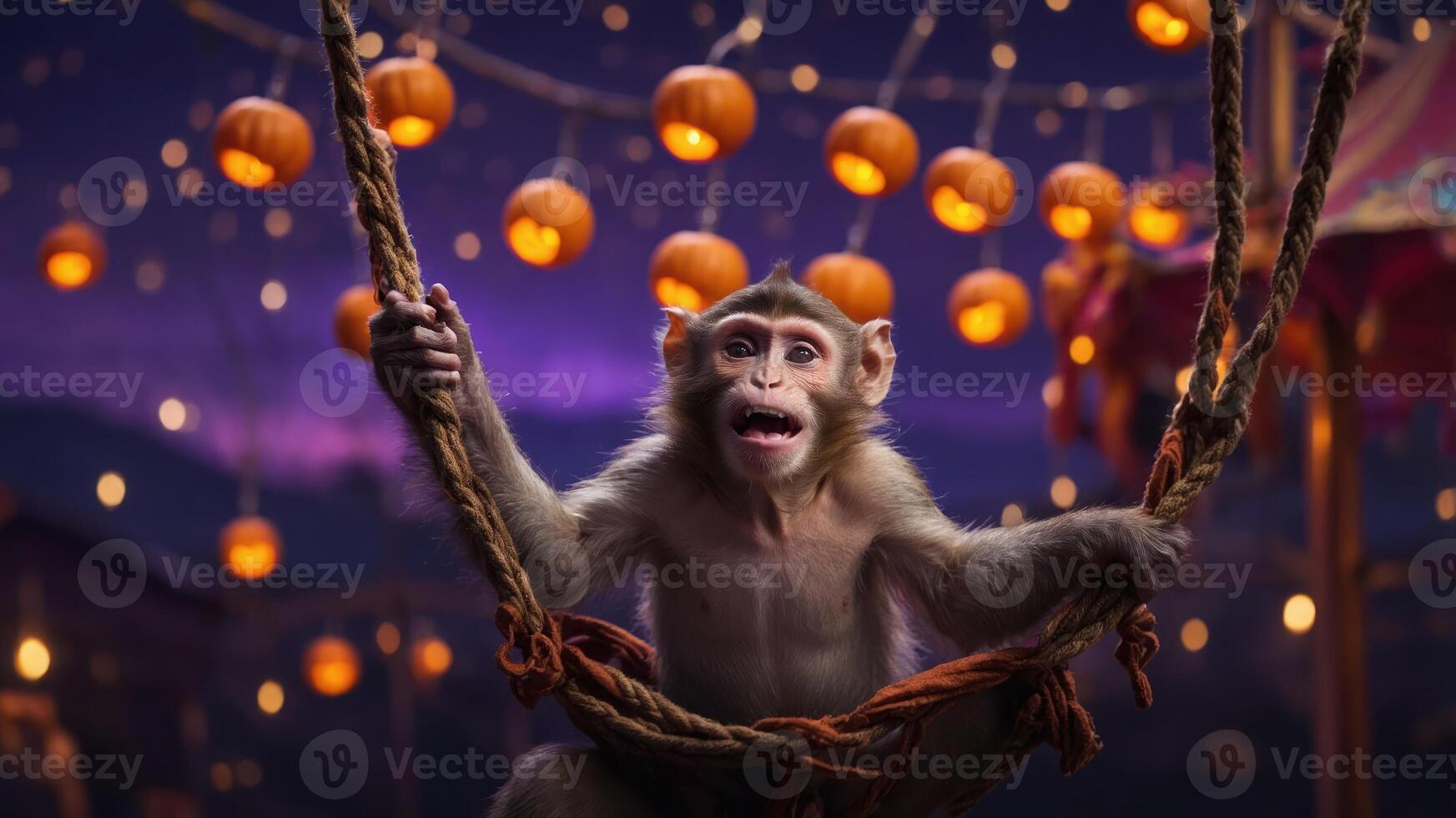 A monkey swings joyfully among glowing pumpkins and festive lights at twilight. photo