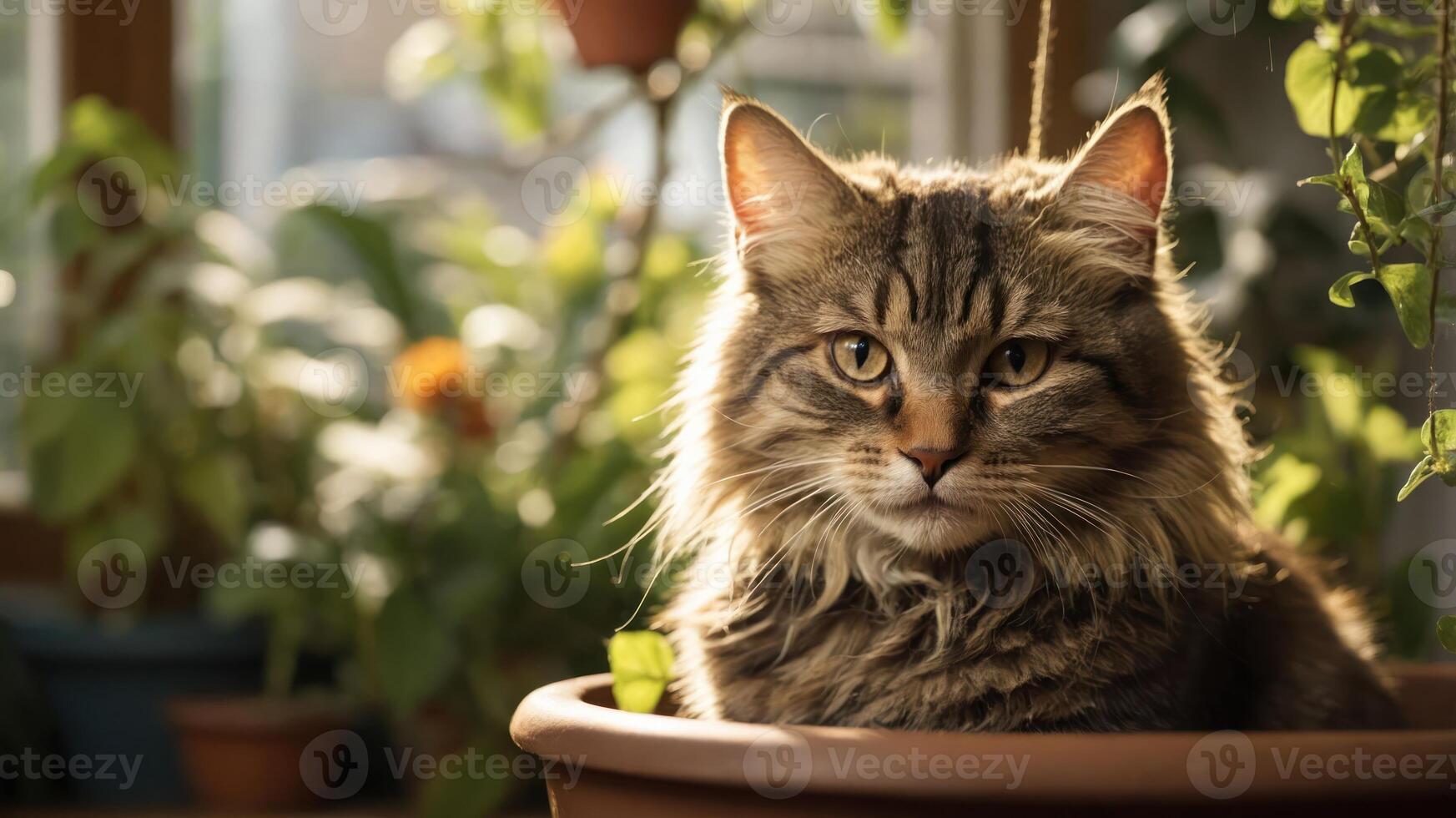 A cat sitting in a flower pot surrounded by greenery in a sunlit indoor setting. photo