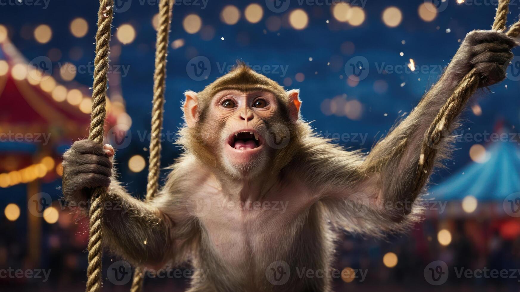 A monkey on a swing, expressing excitement in a vibrant carnival setting. photo