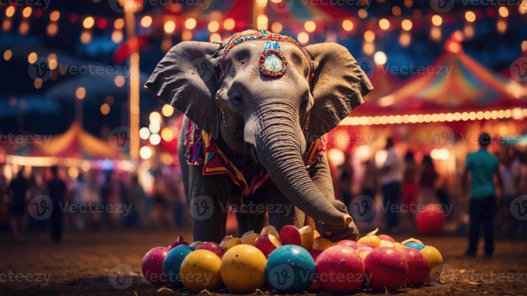 An elephant adorned with decorations interacts with colorful balls at a festive night scene. photo