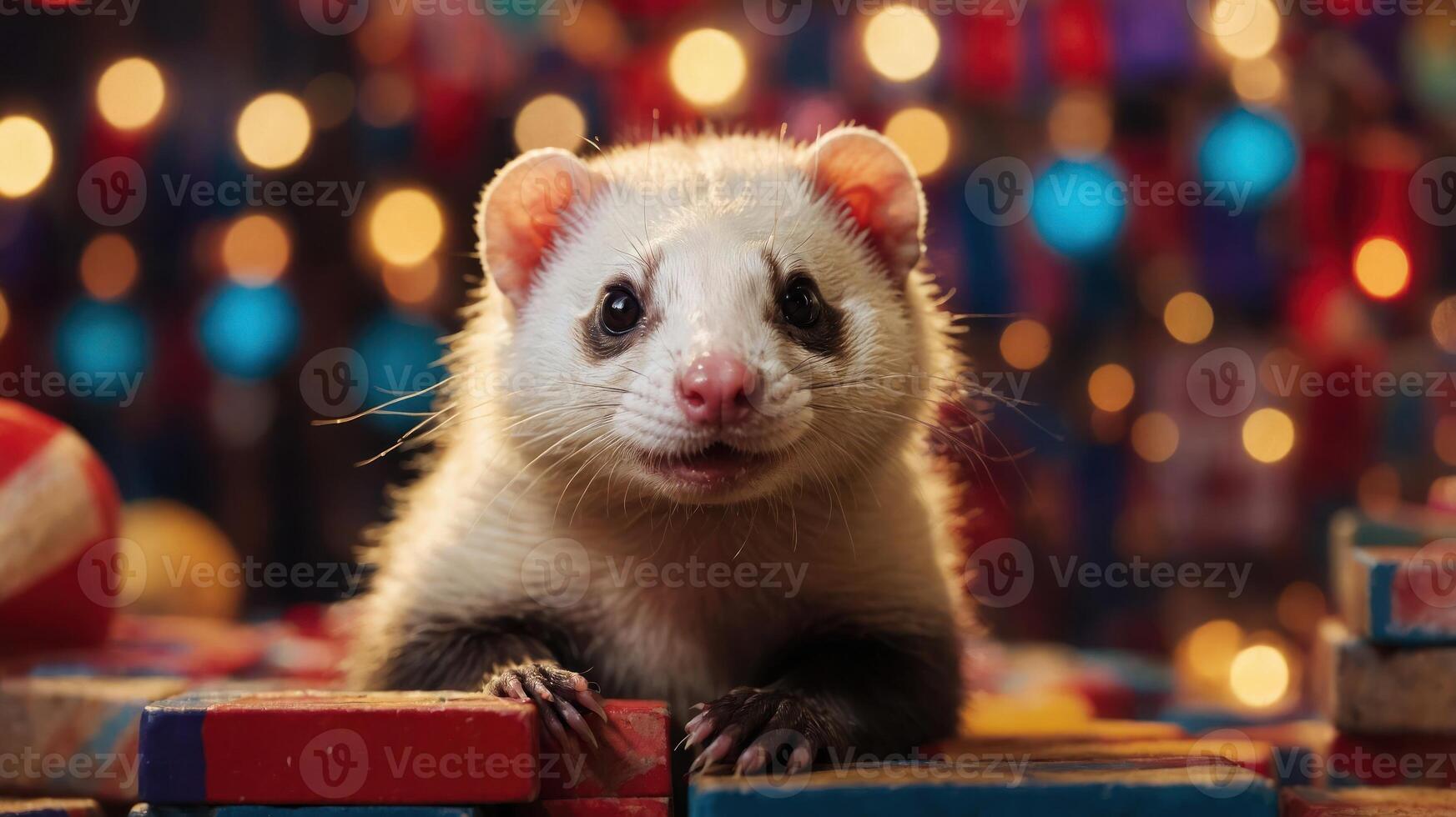 A close-up of a cute ferret amidst colorful decorations and lights. photo