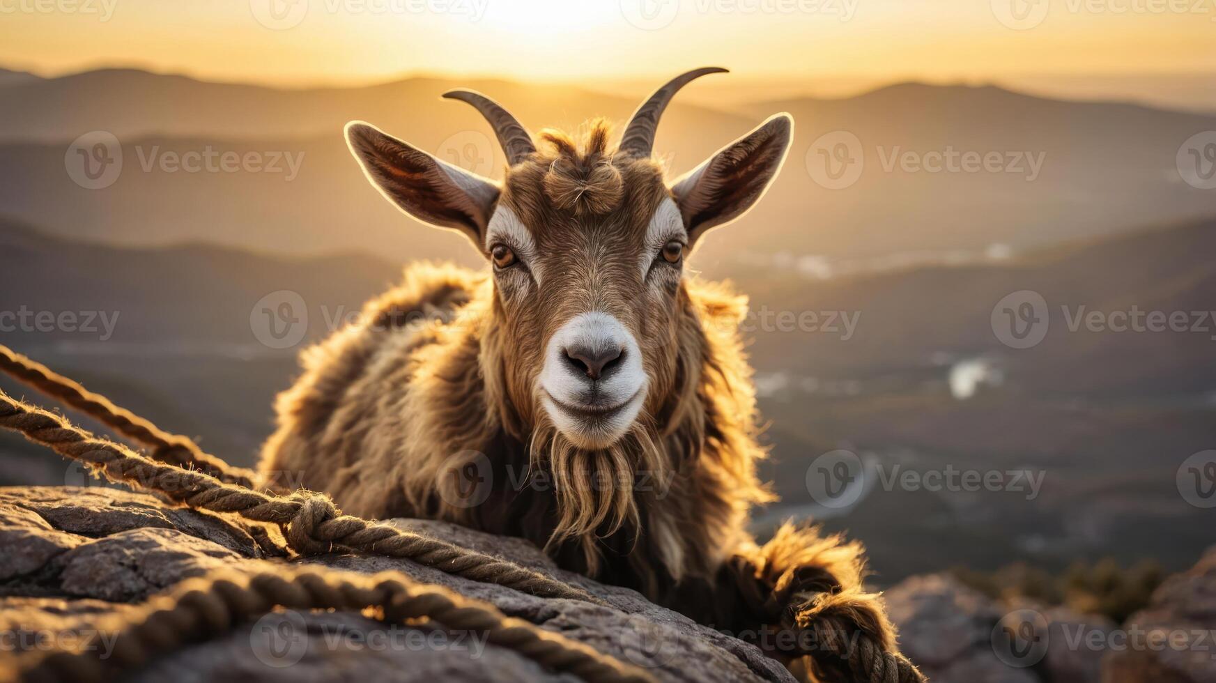 A goat rests on a rocky ledge during sunset, showcasing its serene expression and natural beauty. photo