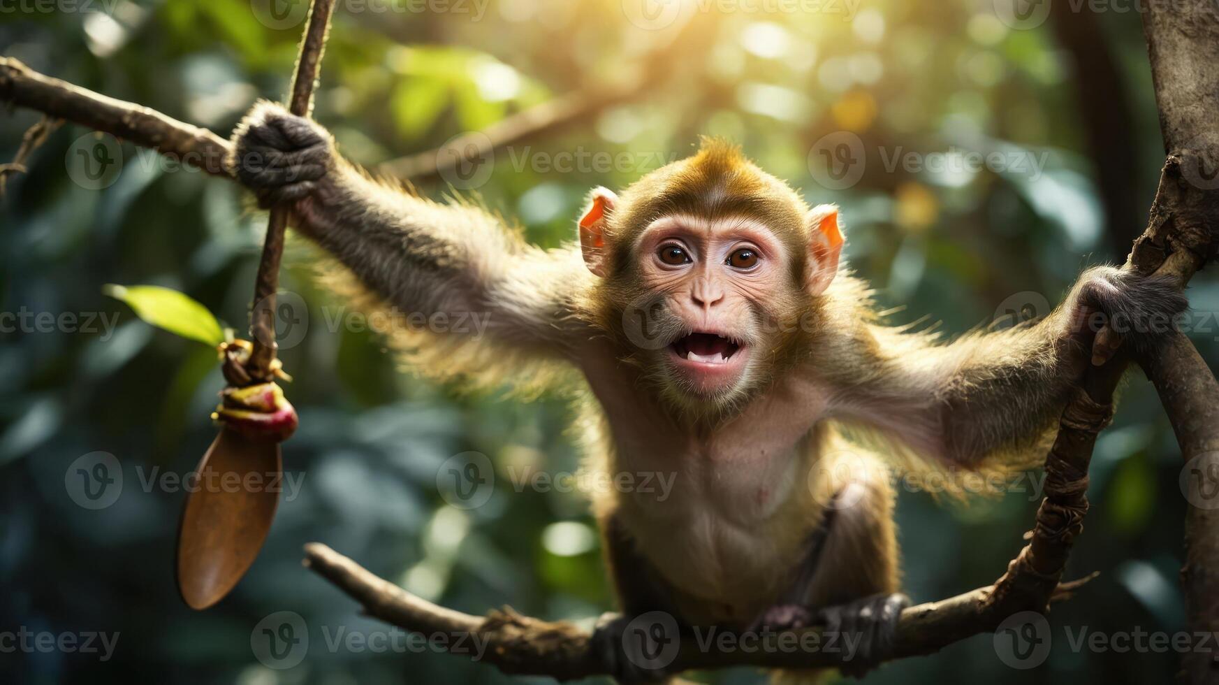 A playful monkey hanging from a branch, showcasing its lively expression in a lush environment. photo