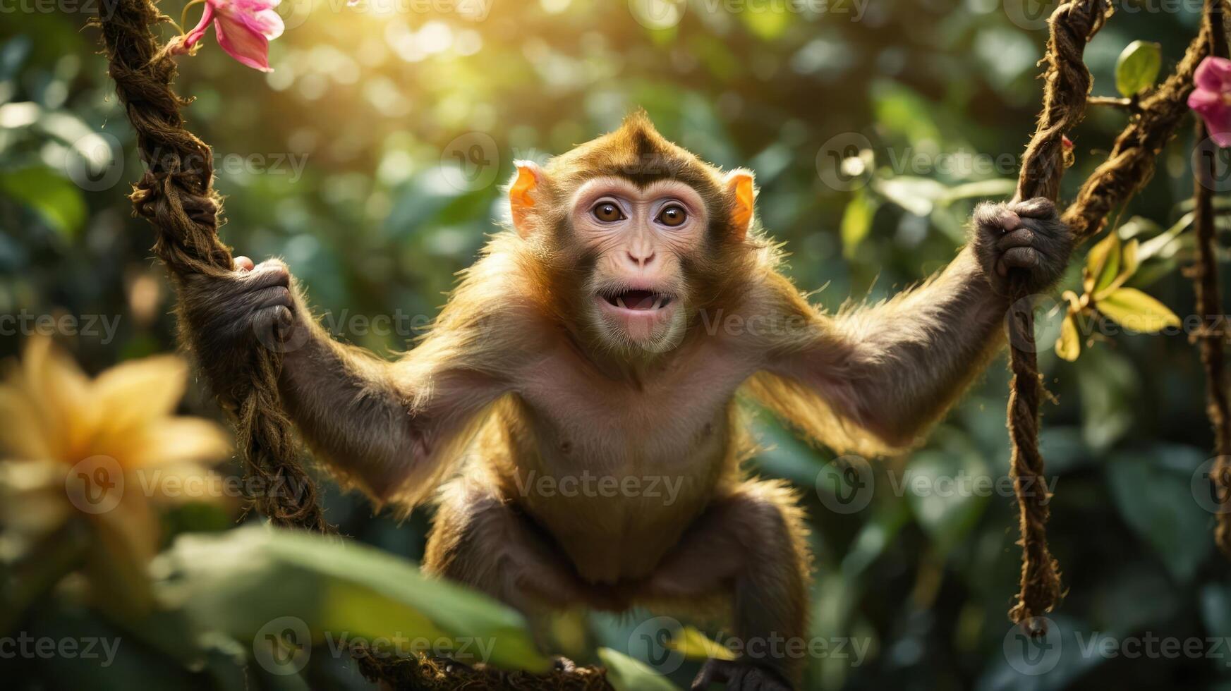 A playful monkey hanging on branches amidst lush greenery and flowers. photo