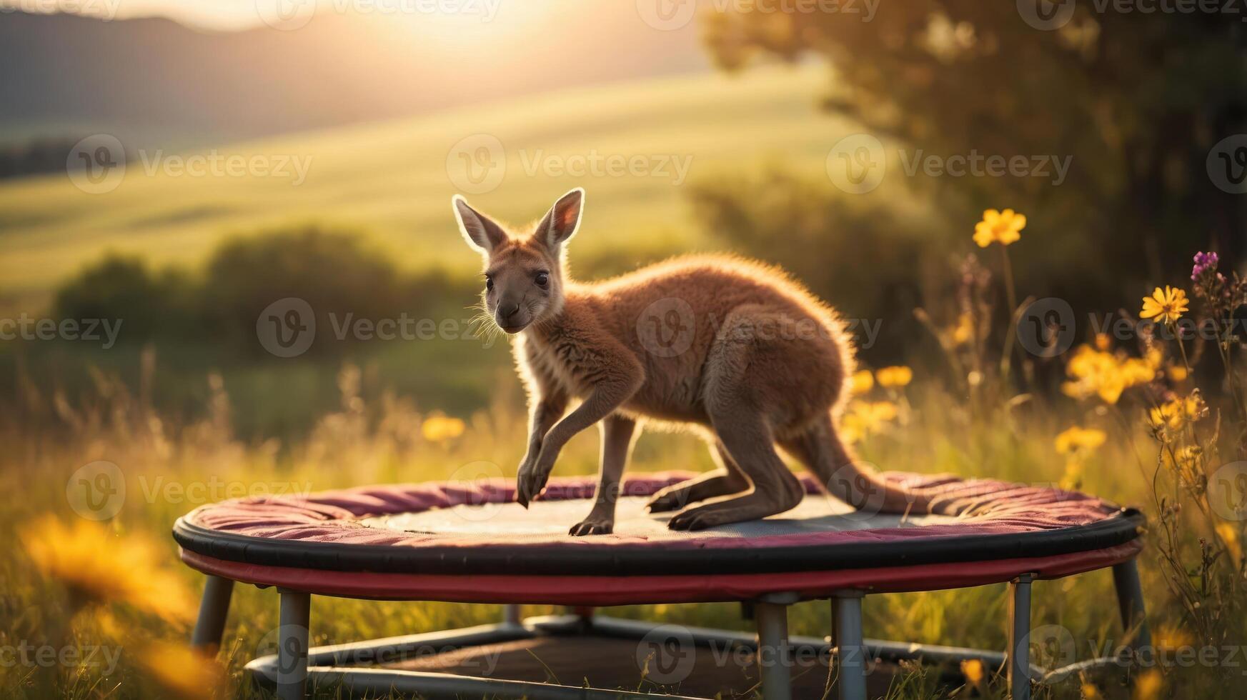A kangaroo playfully jumps on a trampoline in a sunlit meadow filled with flowers. photo