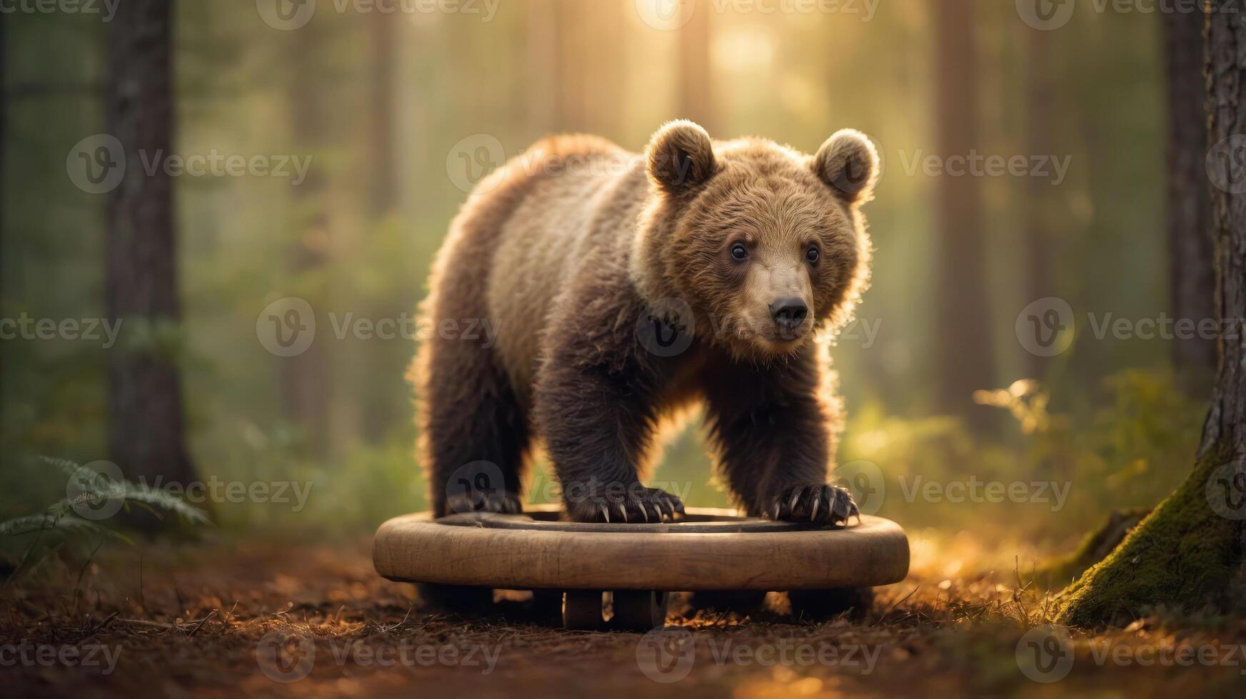 A bear standing on a circular platform in a sunlit forest setting. photo