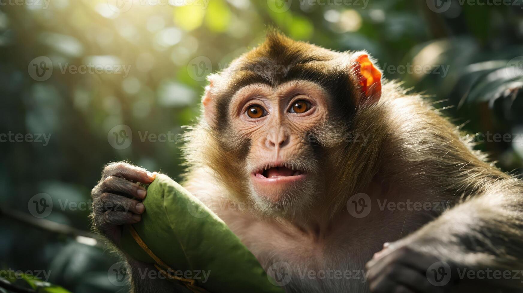 A curious monkey holding a leaf in a lush, green forest. photo