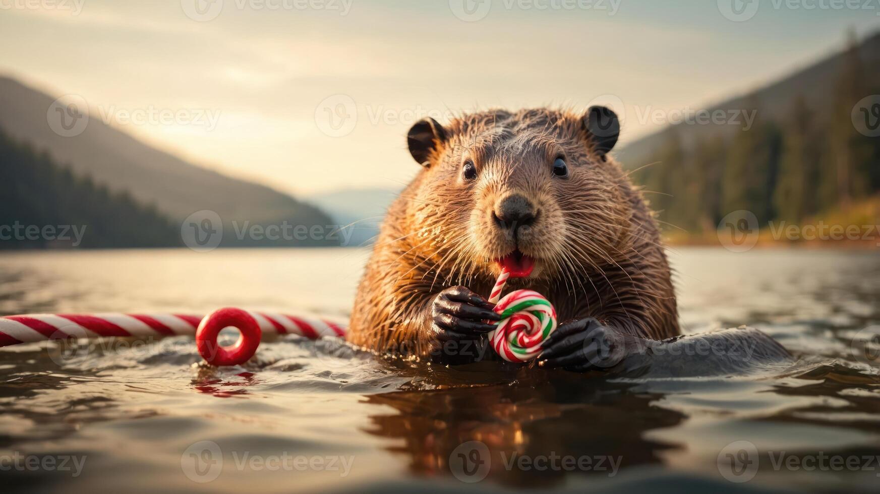 A beaver enjoying a candy cane while floating in a serene lake surrounded by mountains. photo