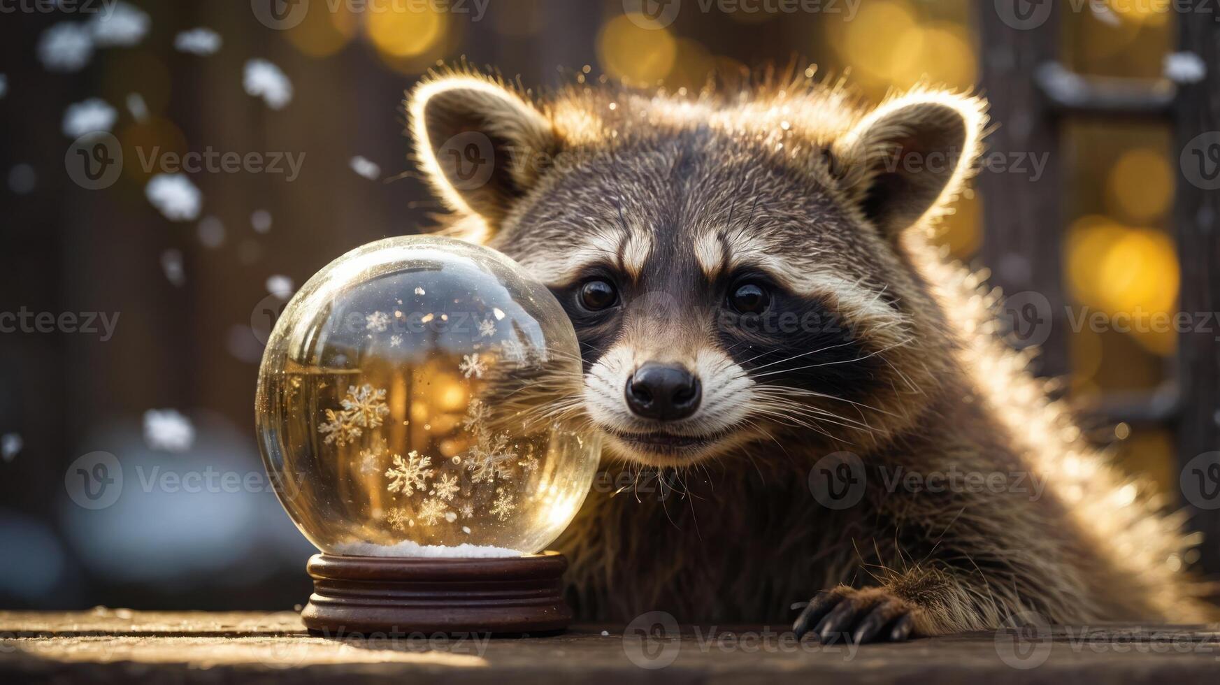 A curious raccoon gazes at a snow globe, capturing a whimsical winter scene. photo