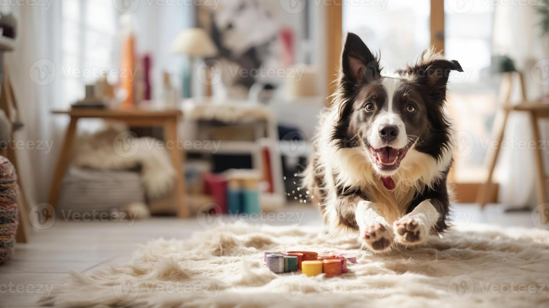A joyful dog leaps across a cozy room, surrounded by colorful treats on a fluffy rug. photo
