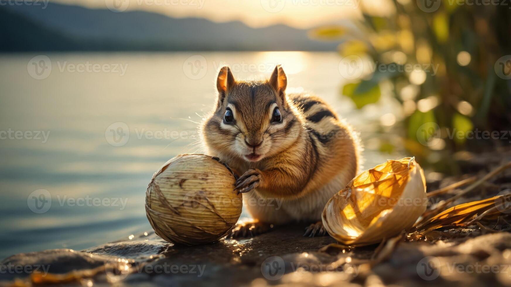 A chipmunk holds a nut by a serene lakeside during sunset. photo