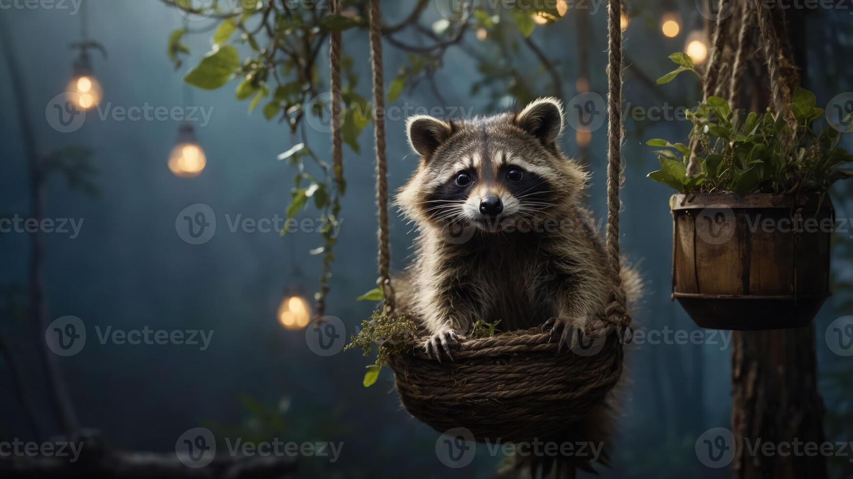 A raccoon sits peacefully in a hanging basket surrounded by soft lighting in a serene forest setting. photo
